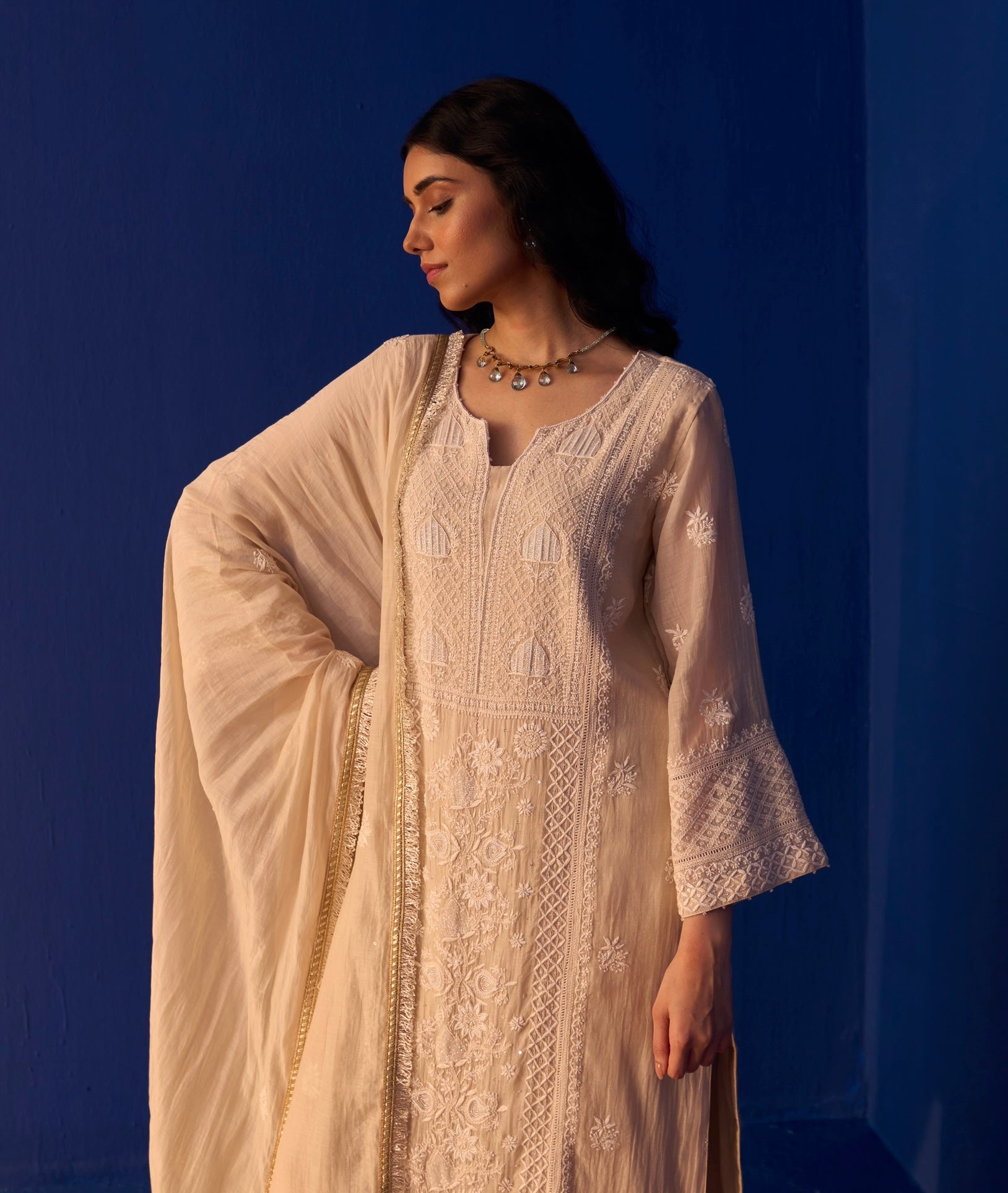 Beige Mul Chanderi Chikankari Kurta Set