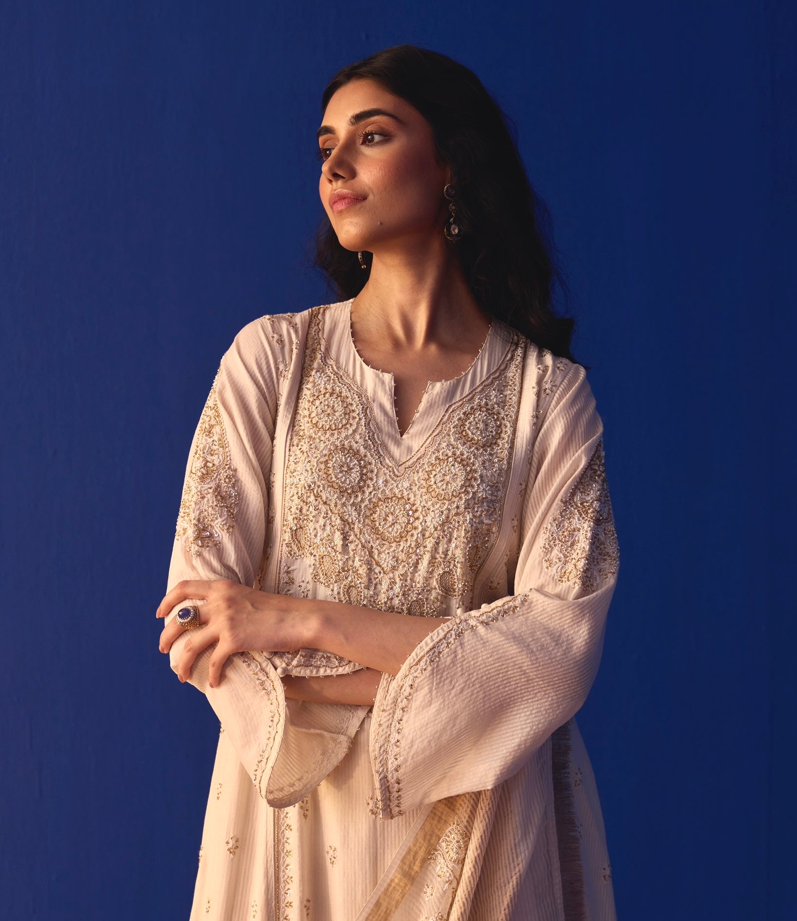 White Maheshwari Chikanakri Anarkali Set