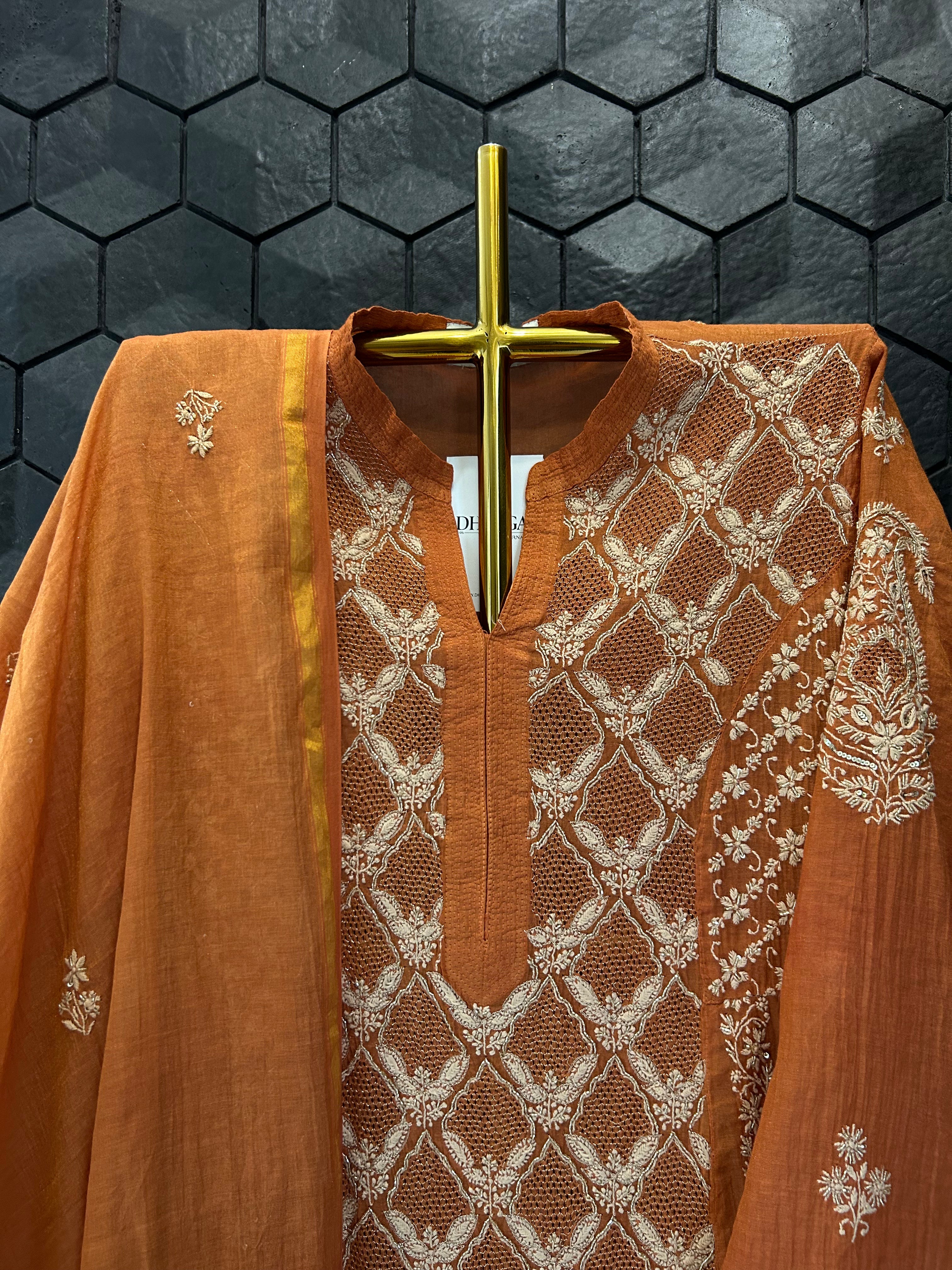Orange Golden Tissue Chikankari Anarkali Set