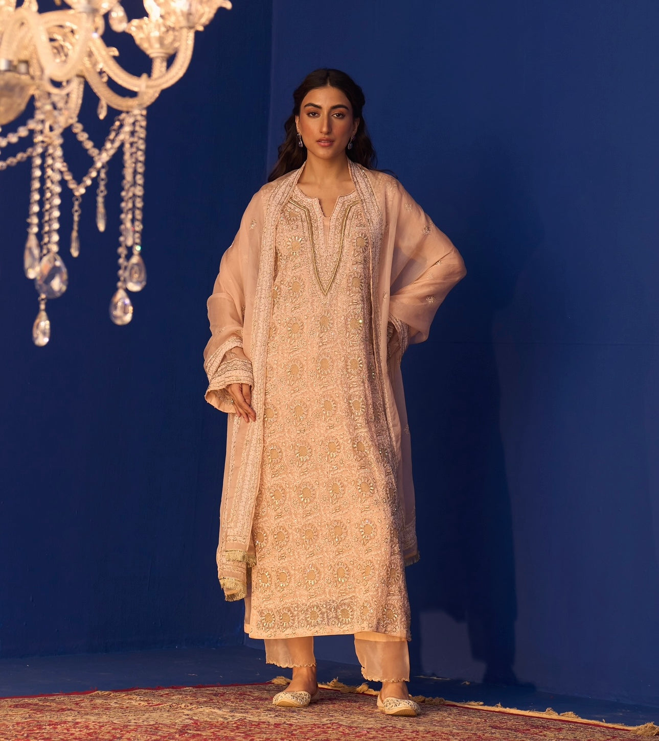 Peach Organza Chikankari Kurta Set