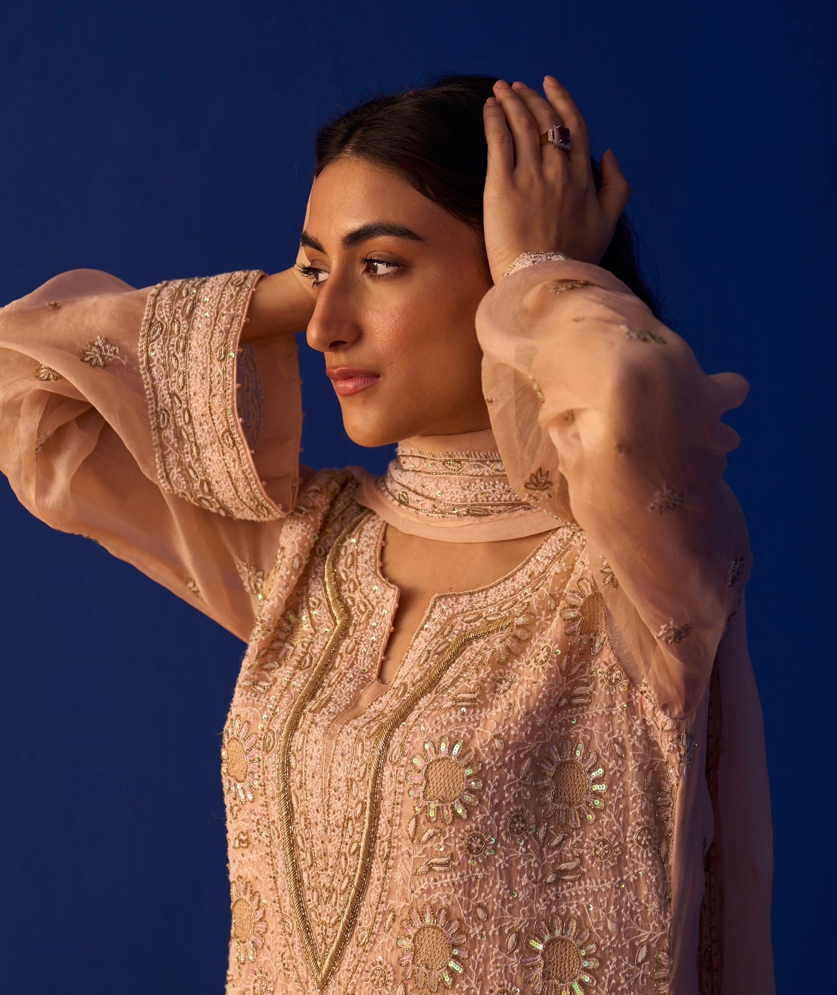 Peach Organza Chikankari Straight Kurta Set