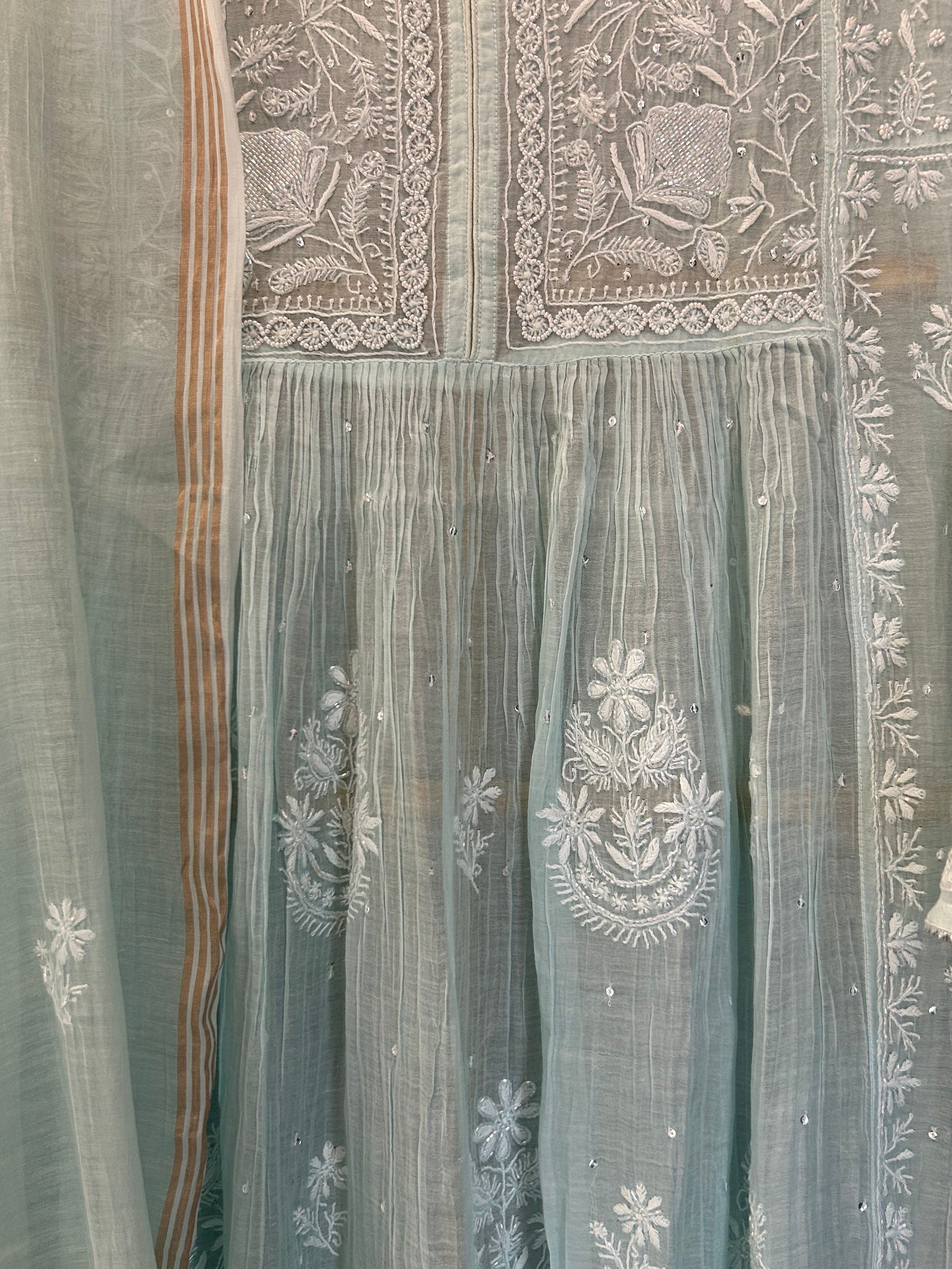 Sea Green Mul Chanderi Chikankari Kurta Set