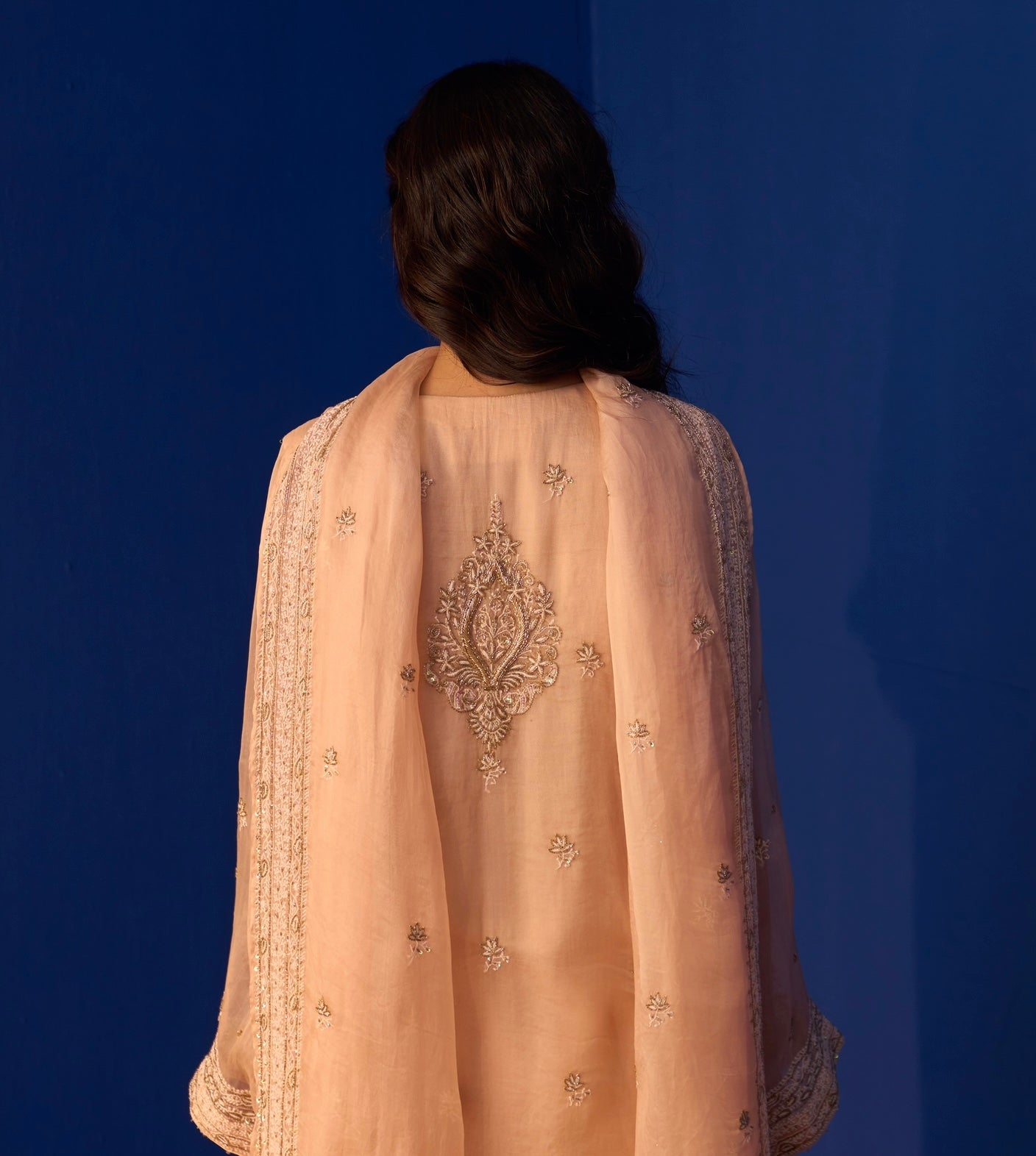 Peach Organza Chikankari Kurta Set