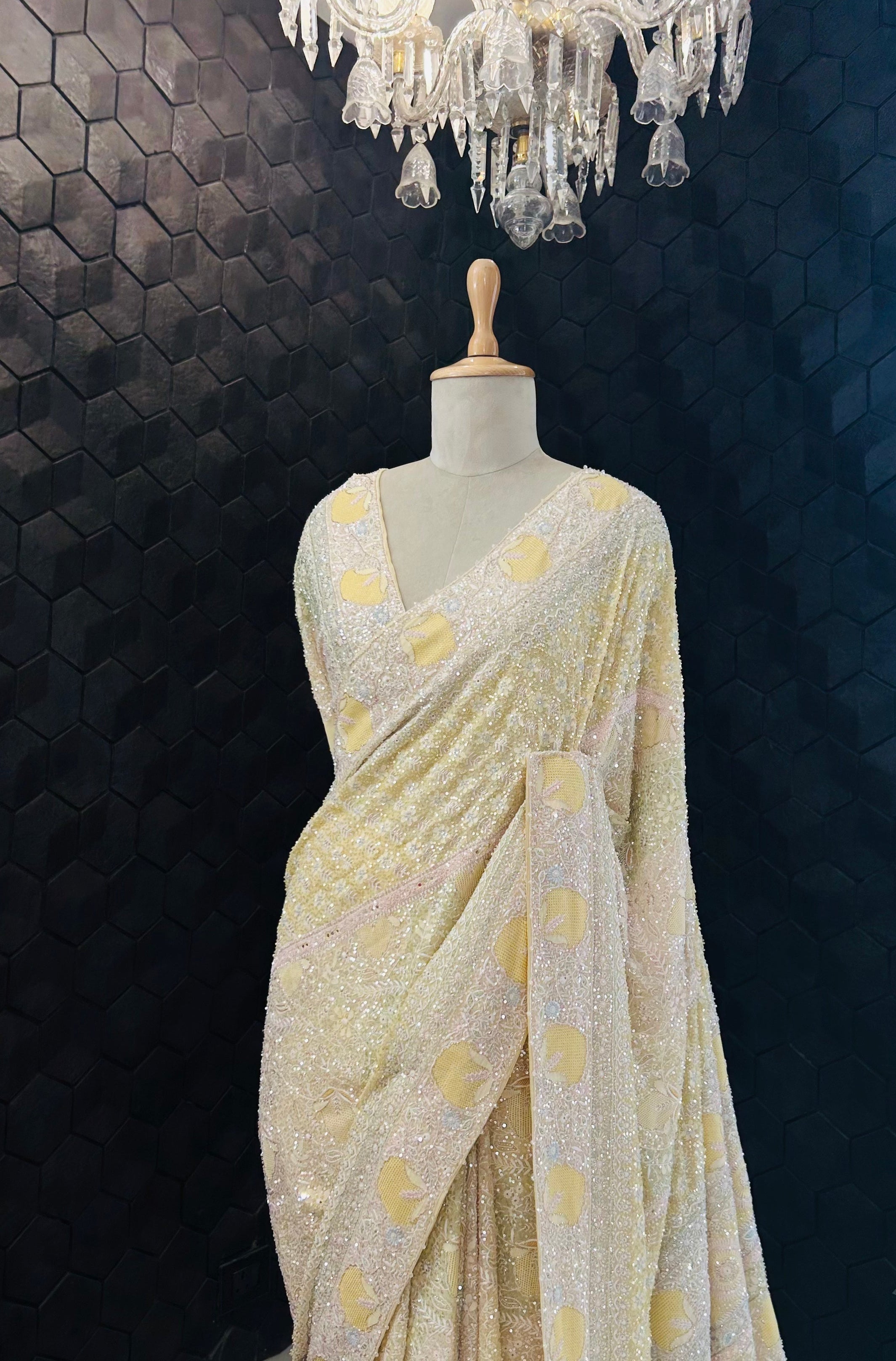 Premium Yellow Georgette saree with statement jaal work