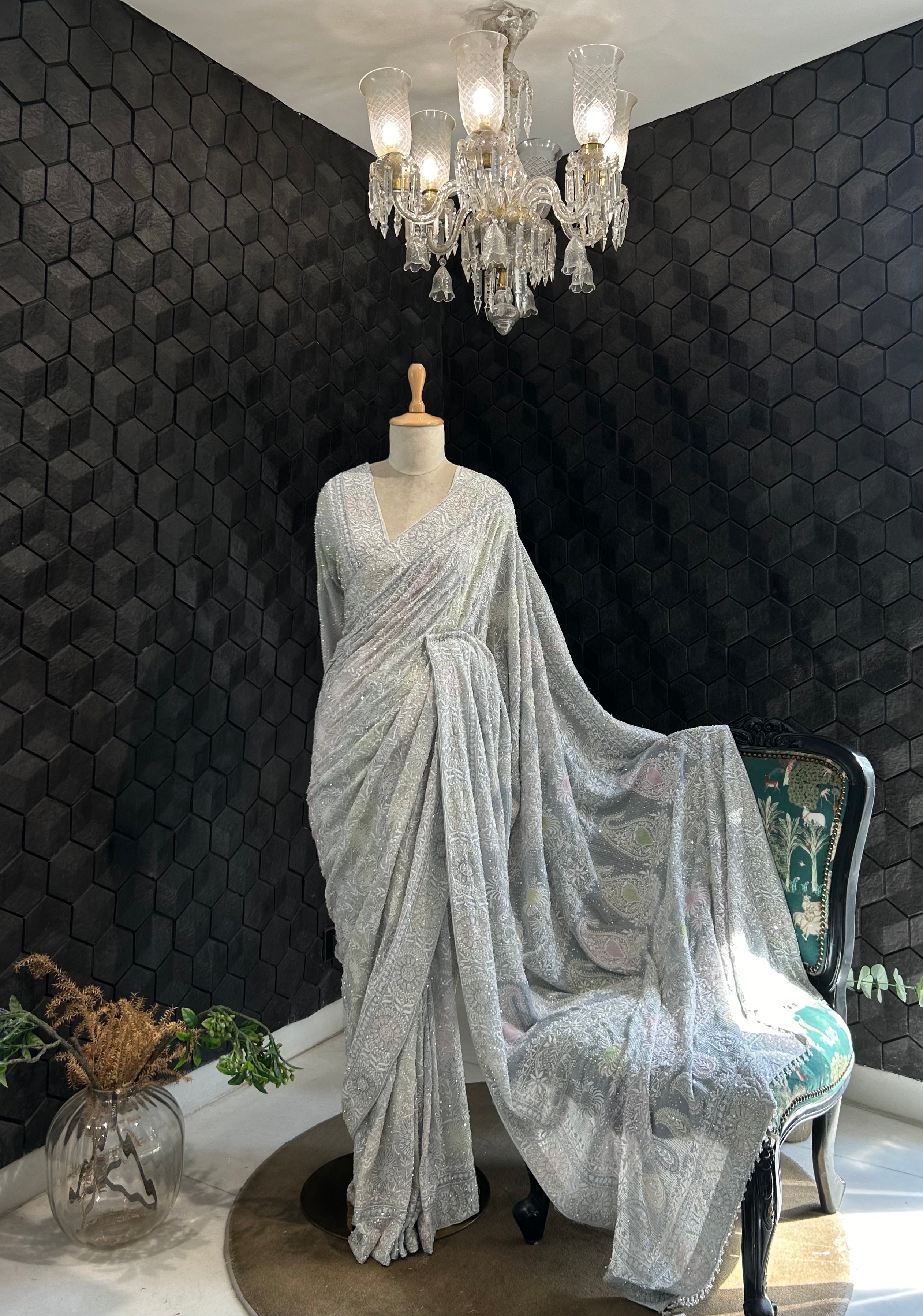 Premium Ash Blue Georgette Chikankari Saree with intricate flower boota