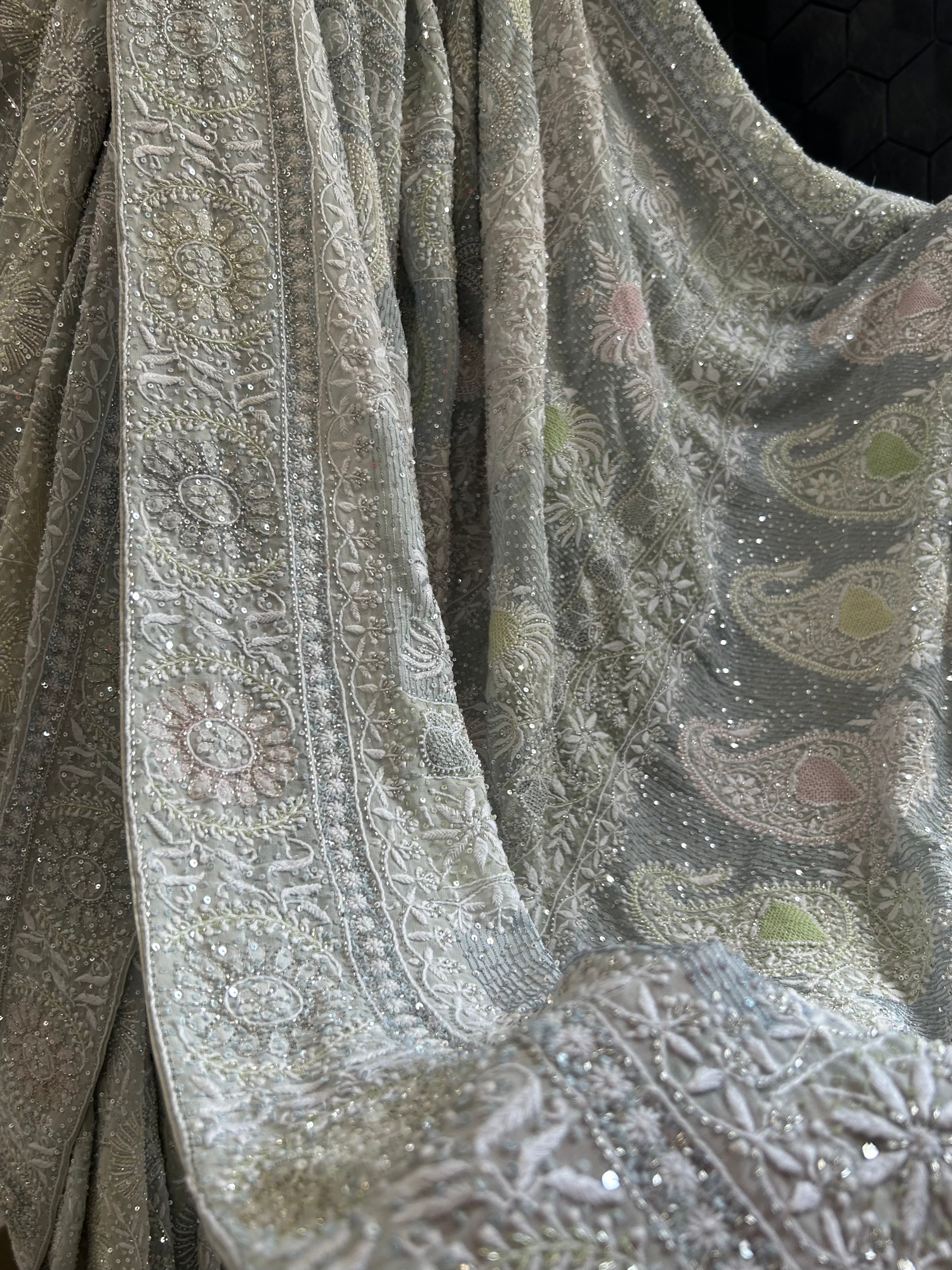 Premium Ash Blue Georgette Chikankari Saree with intricate flower boota