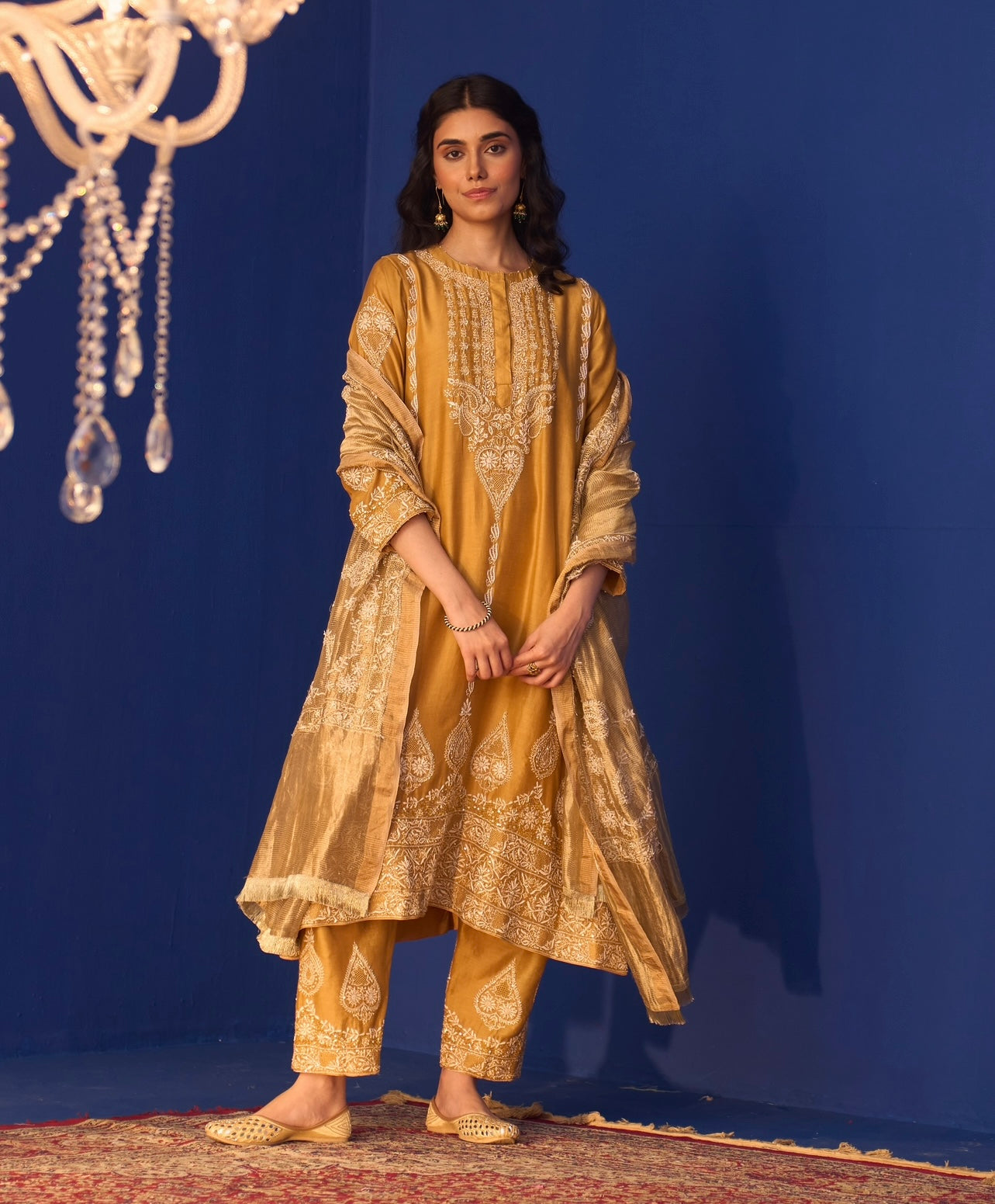 Mustard Yellow Chanderi Chikankari Anarkali