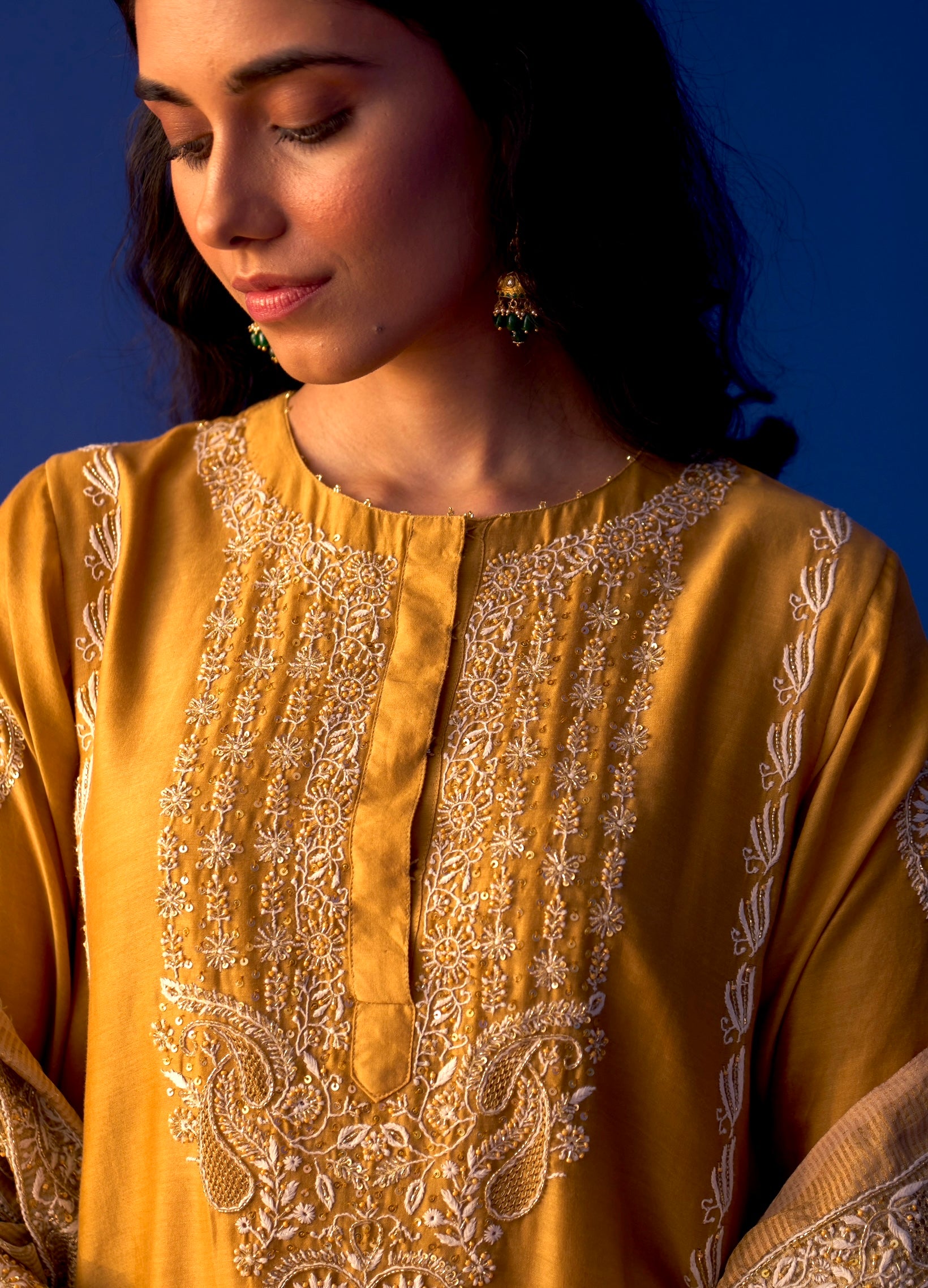 Mustard Yellow Chanderi Chikankari Anarkali