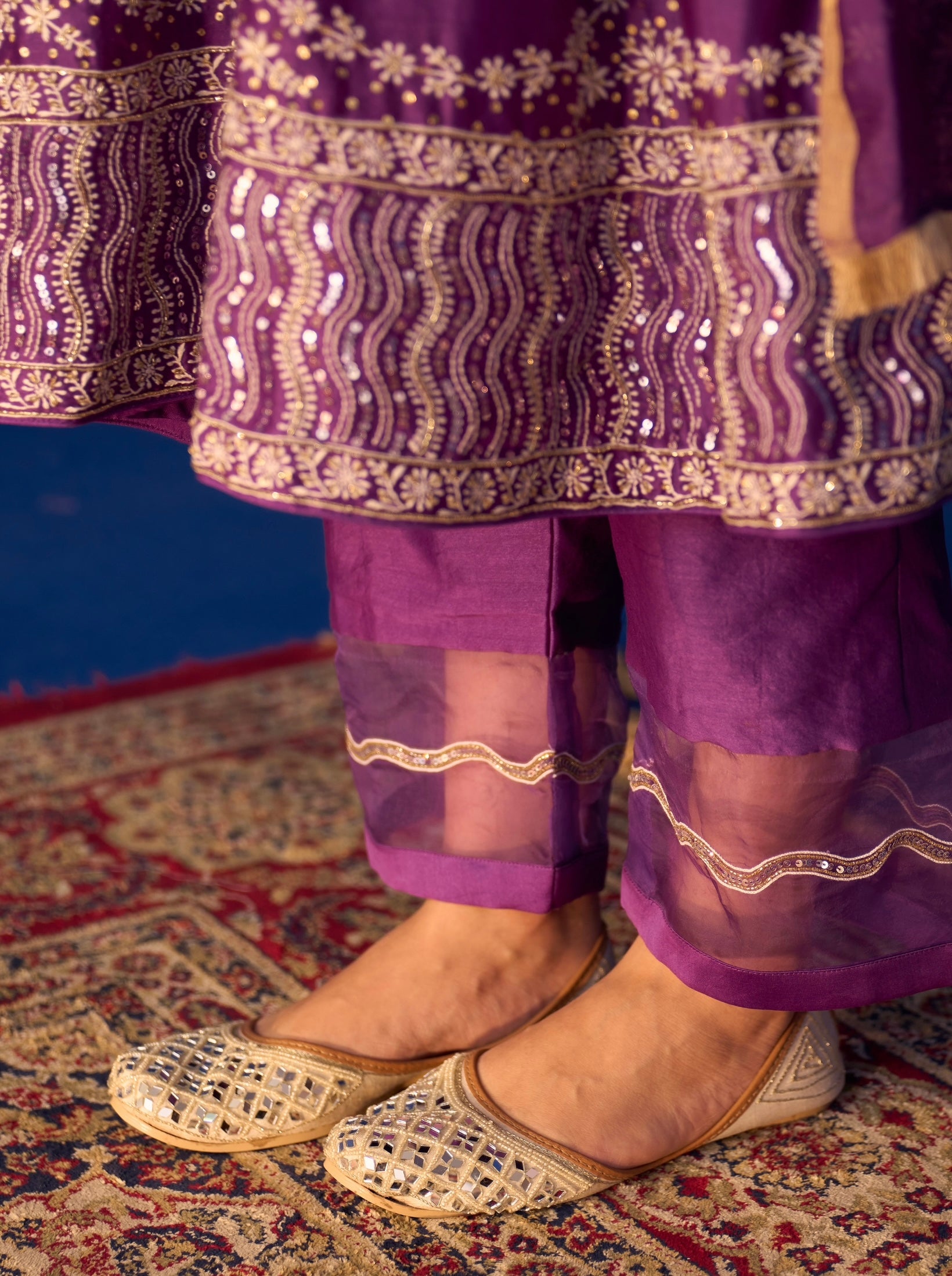Purple Chanderi Chikankari Anarkali with Detailed Pants