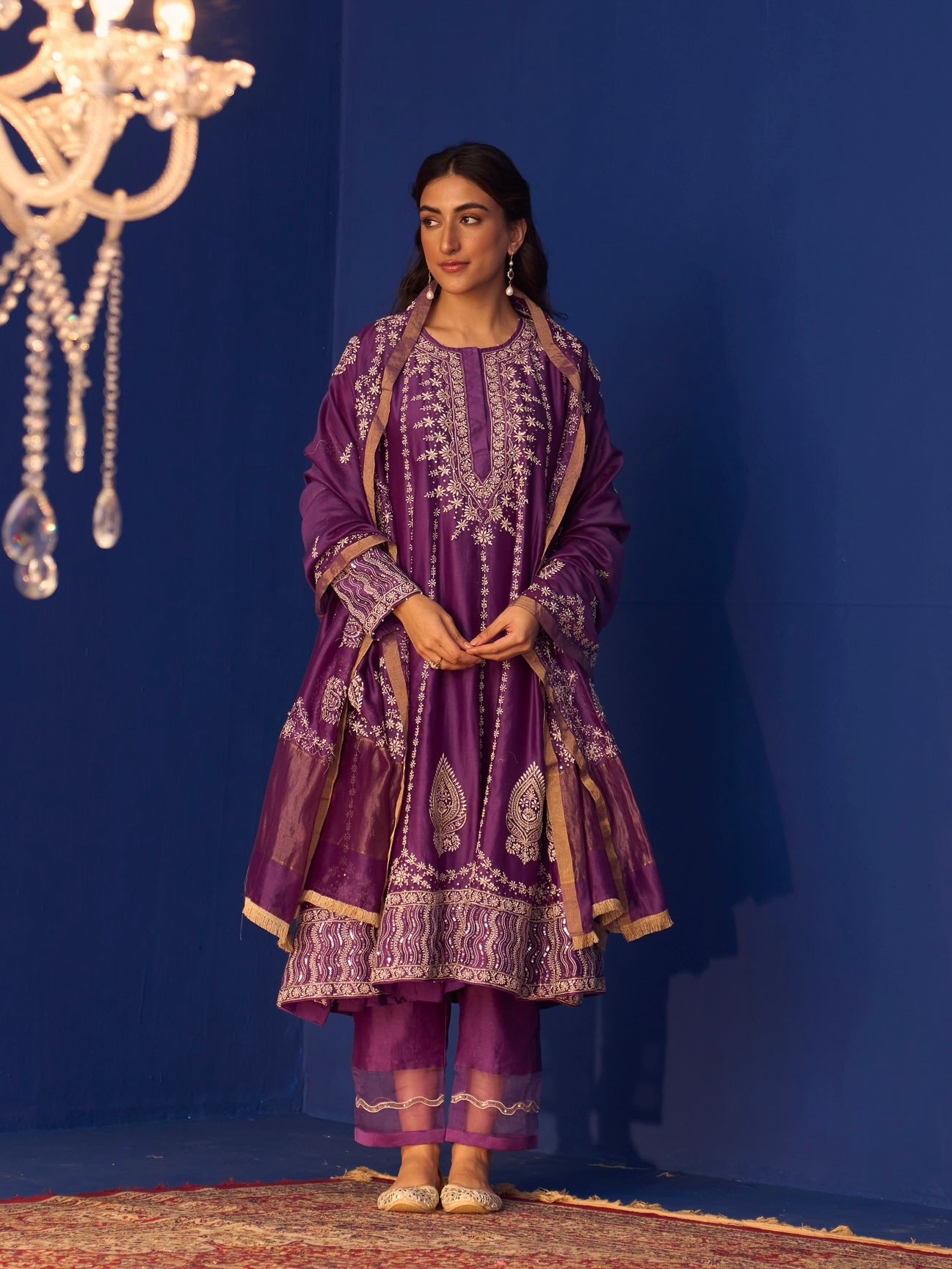 Purple Chanderi Chikankari Anarkali with Detailed Pants