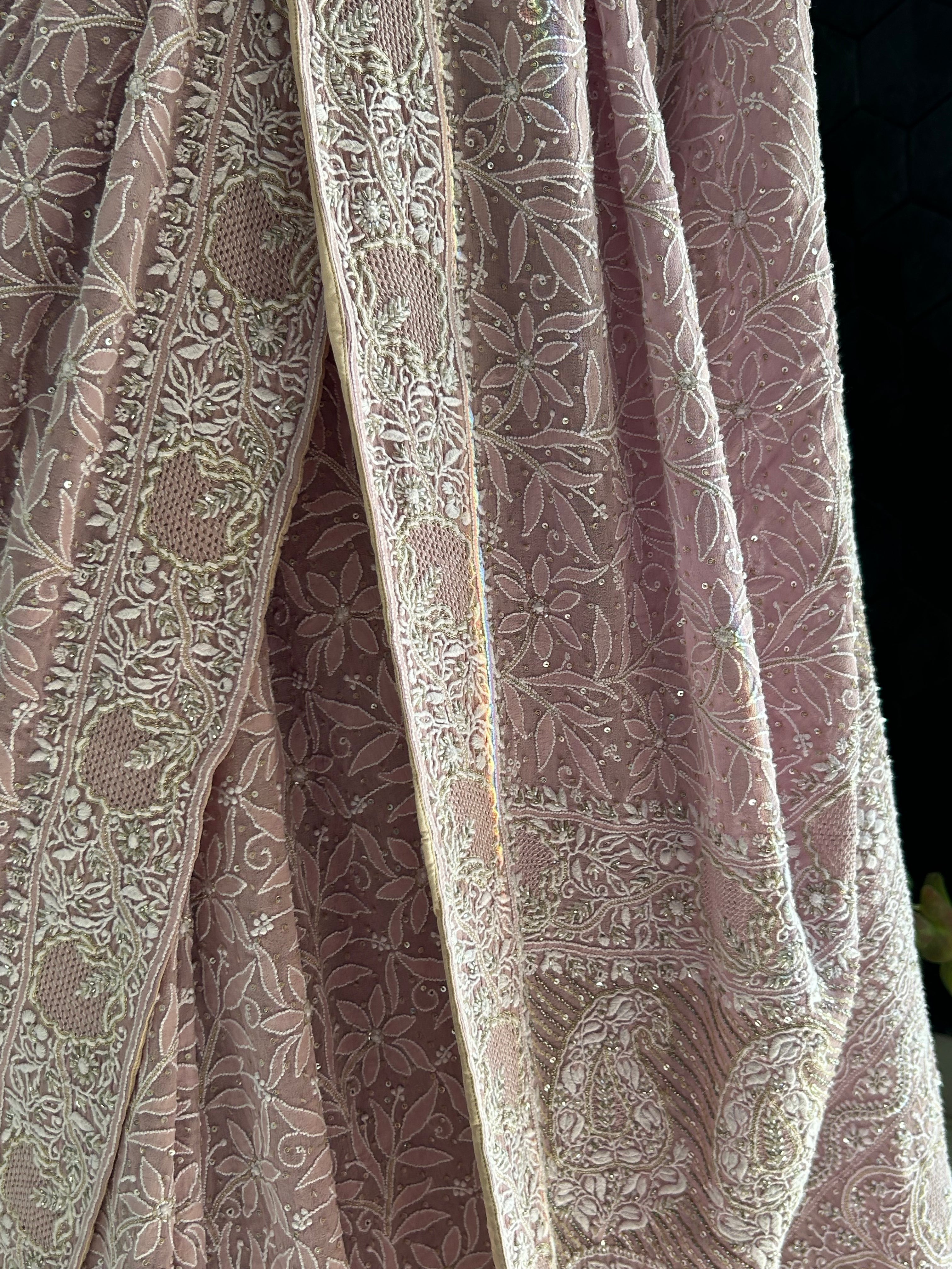 Exclusive Lavender Georgette Chikankari Saree with statement jaal boota