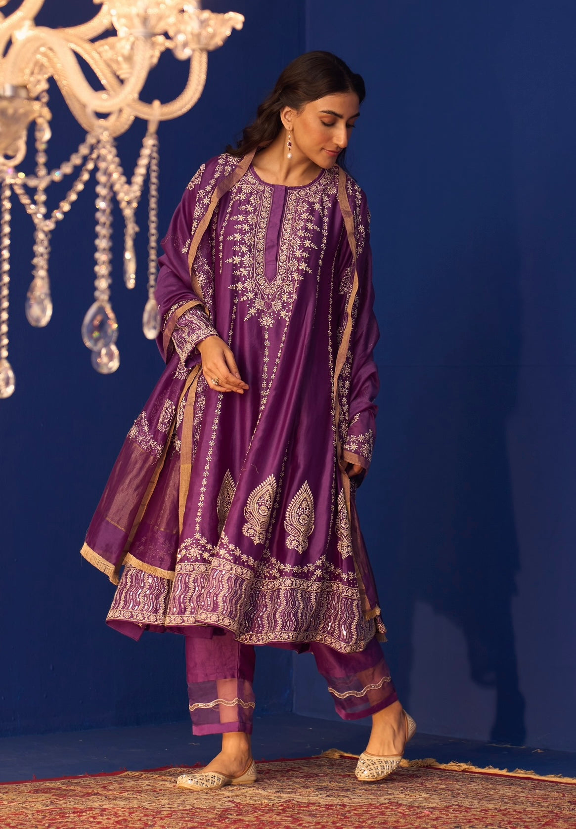 Purple Chanderi Chikankari Anarkali with Detailed Pants