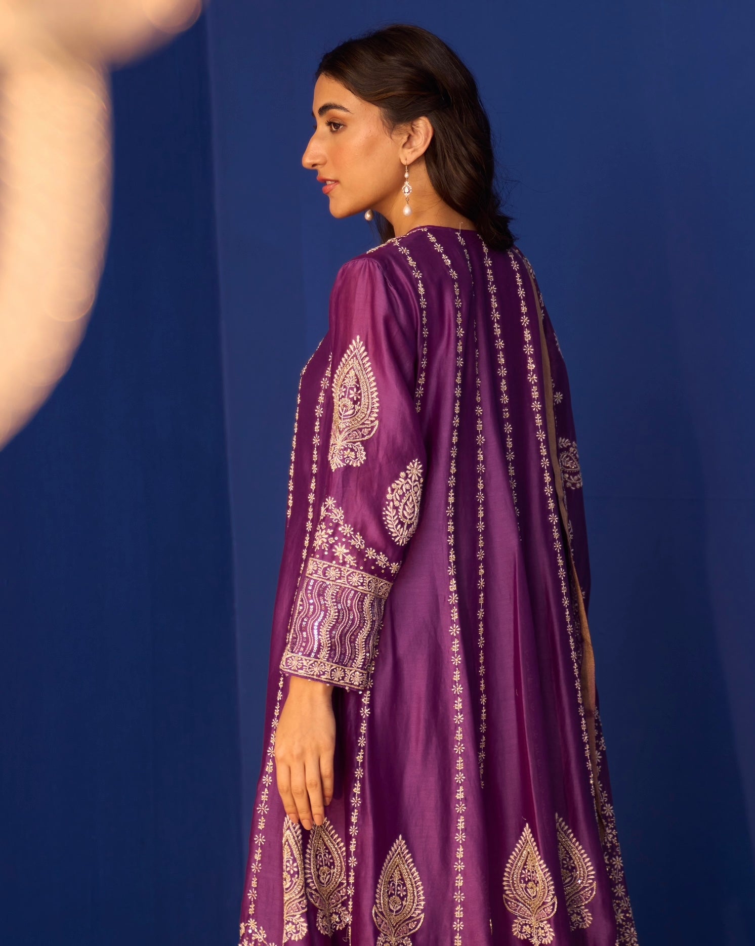 Purple Chanderi Chikankari Anarkali with Detailed Pants
