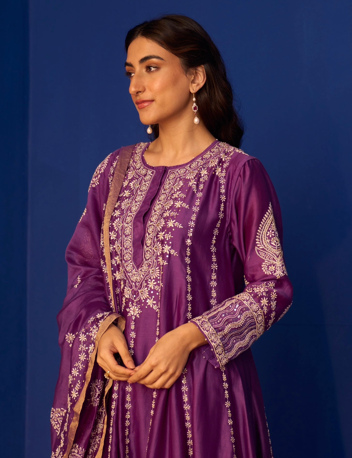 Purple Chanderi Chikankari Anarkali Set