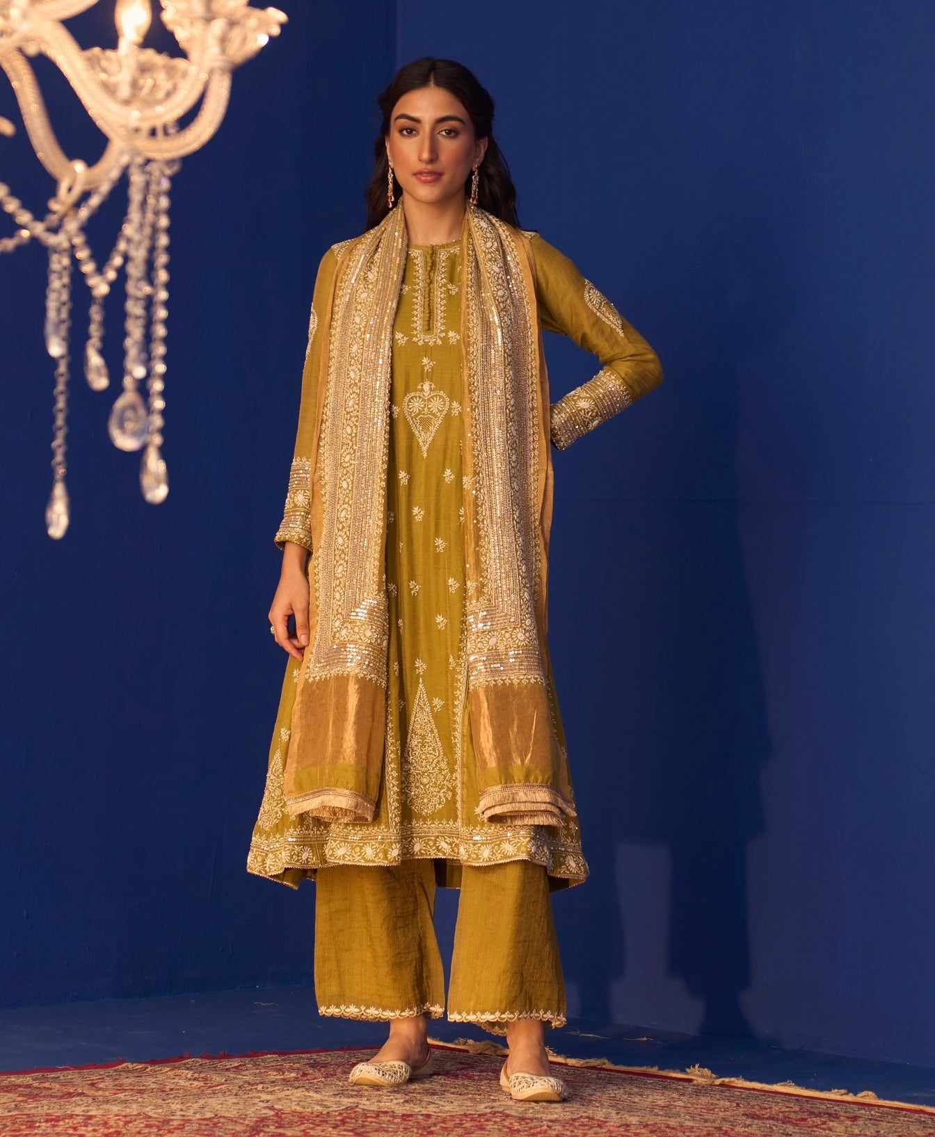 Lime Green Tissue Chikankari Anarkali Set