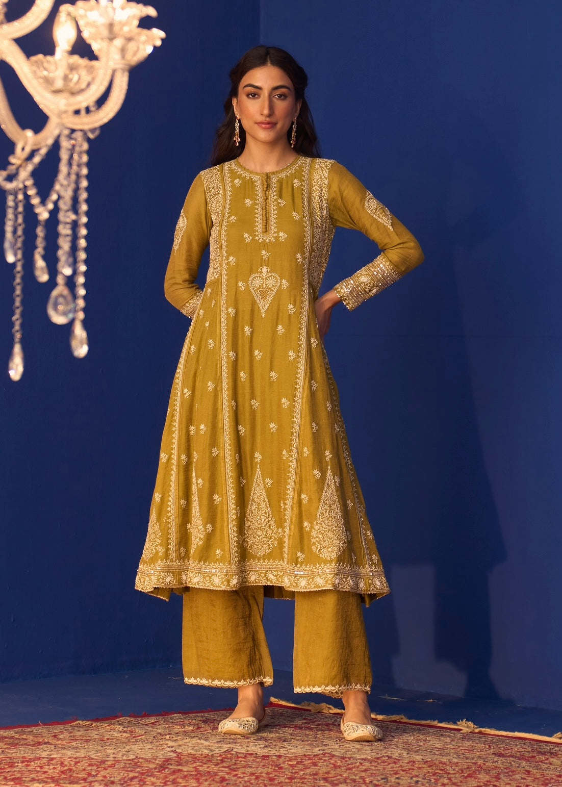 Lime Green Tissue Chikankari Anarkali Set