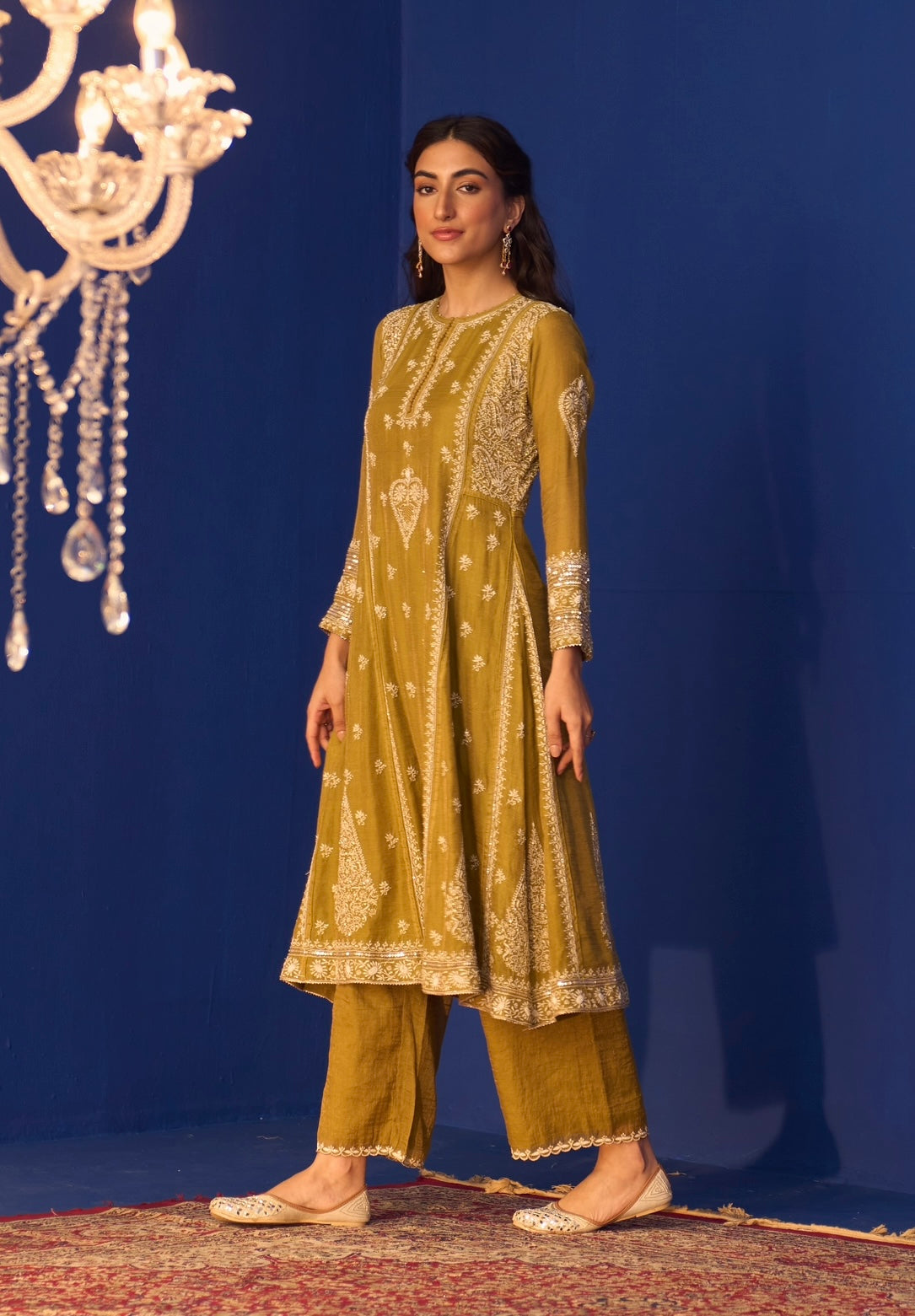 Lime Green Tissue Chikankari Anarkali Set