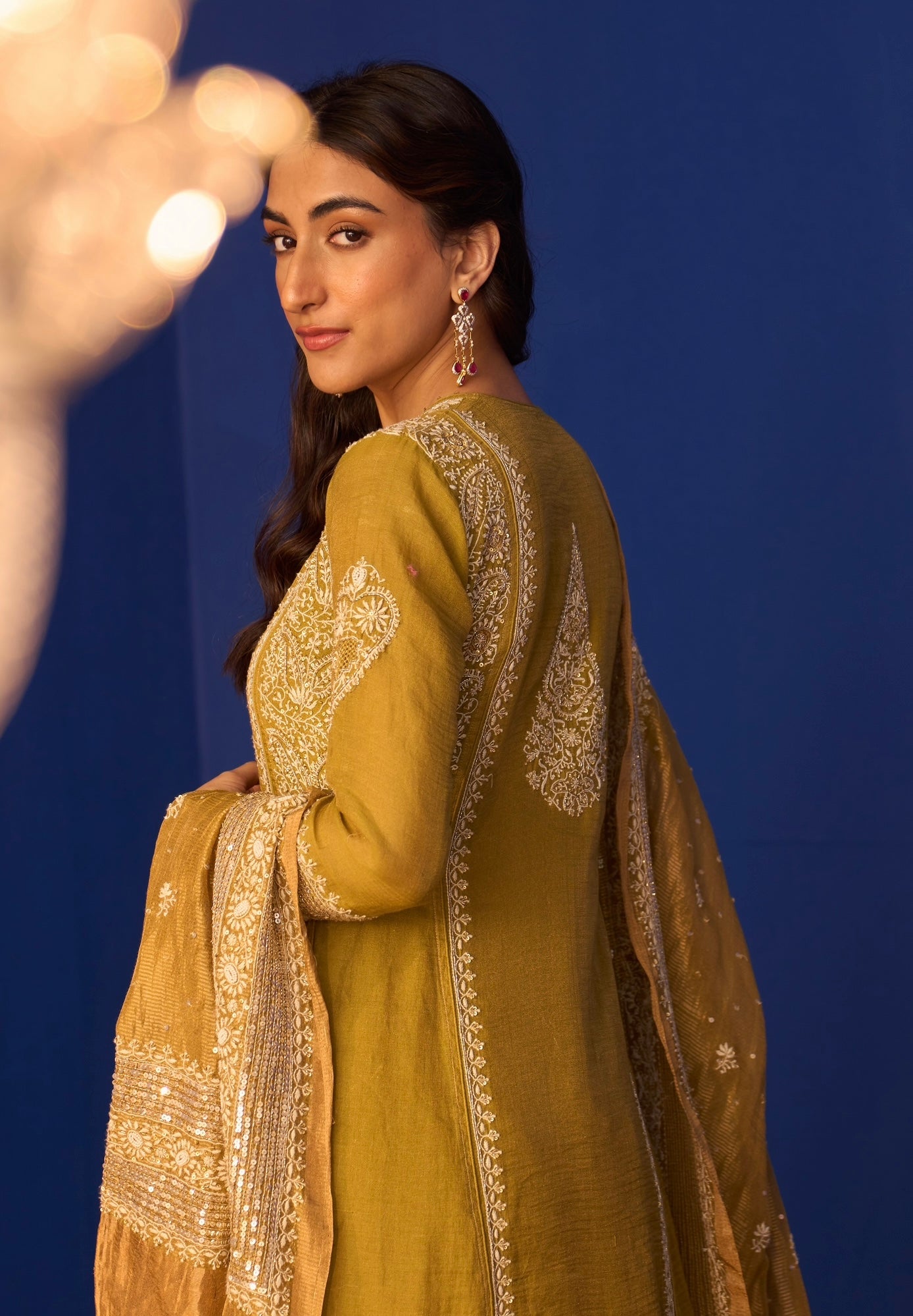 Lime Green Tissue Chikankari Anarkali Set