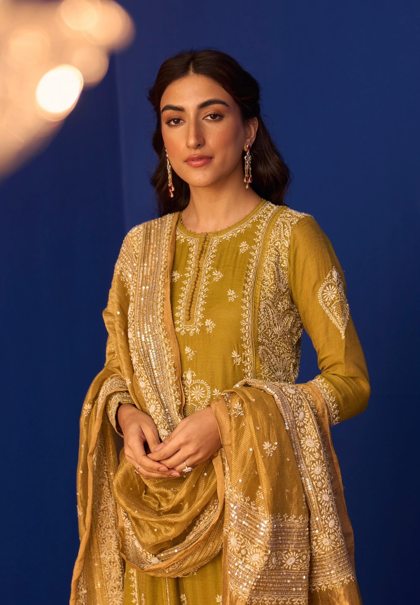 Lime Green Tissue Chikankari Anarkali Set