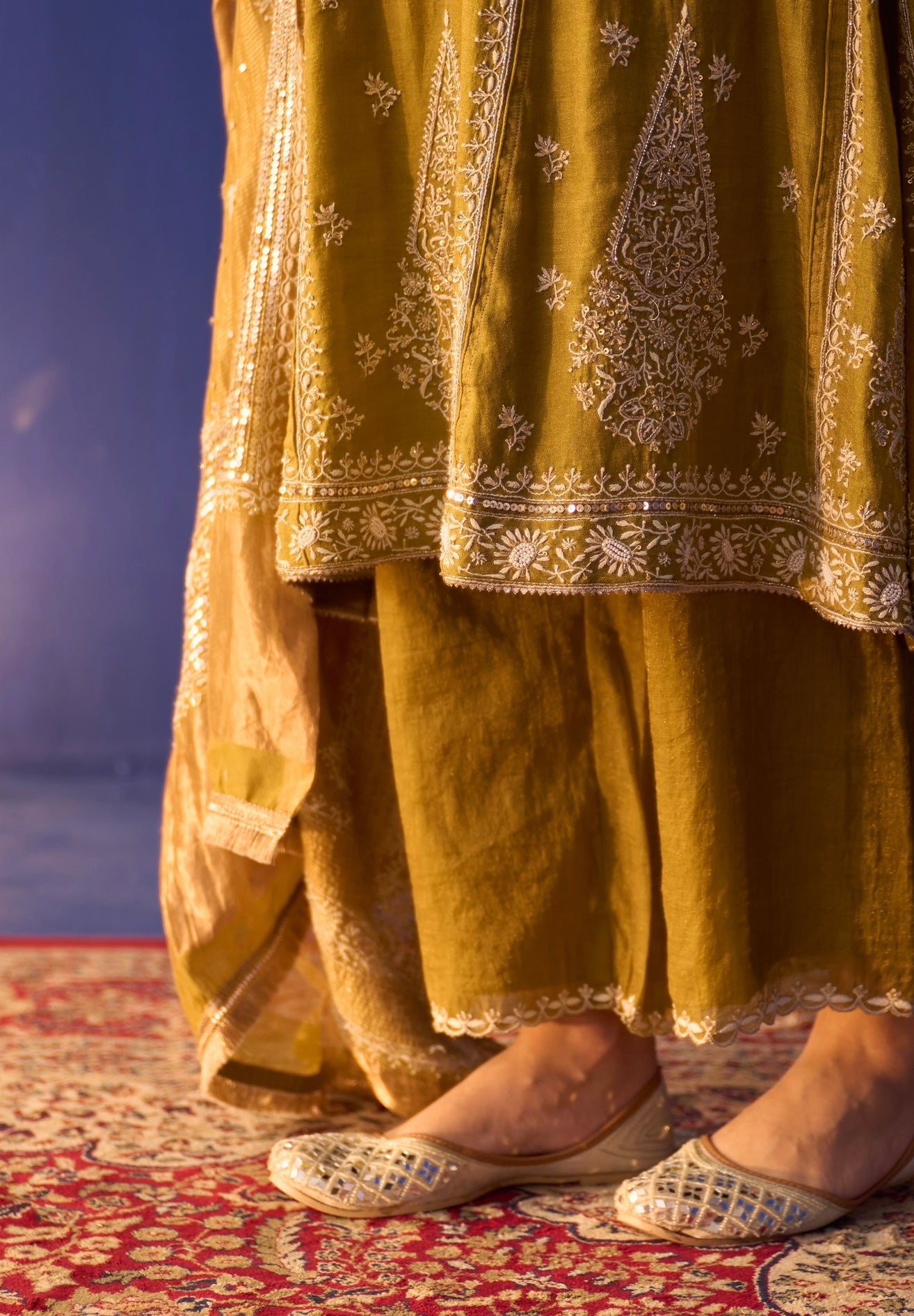 Lime Green Tissue Chikankari Anarkali Set