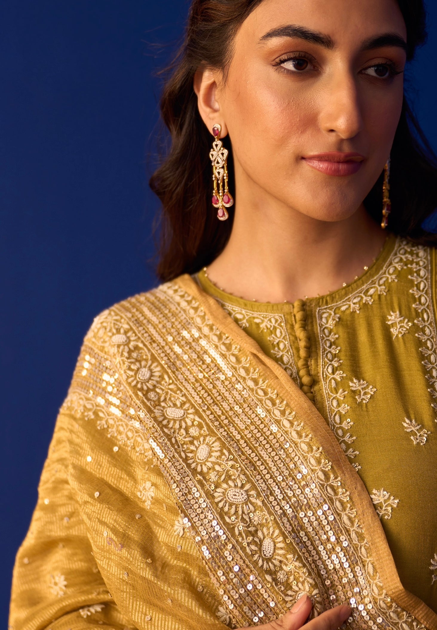 Lime Green Tissue Chikankari Anarkali Set