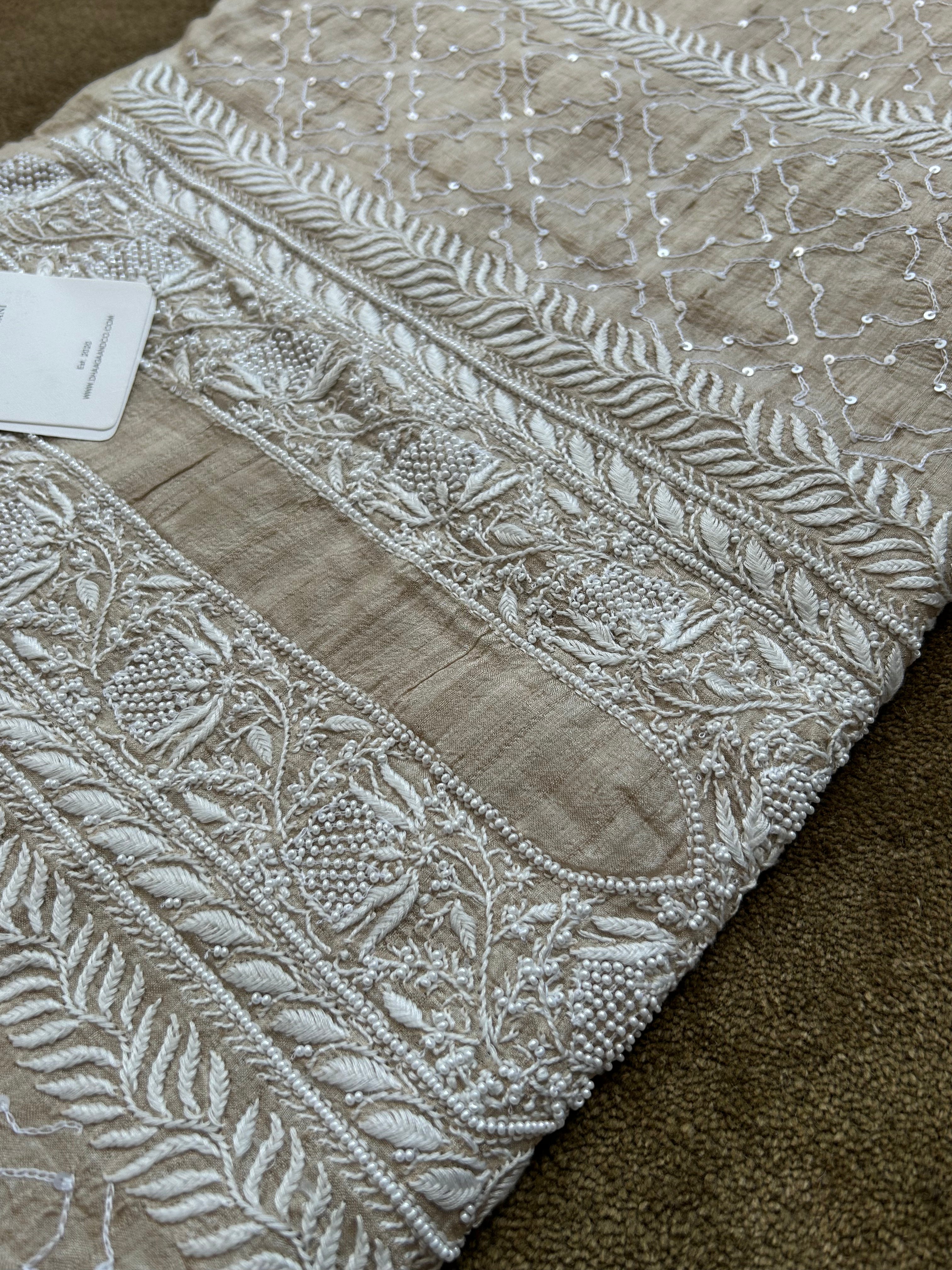 Brown Mens Munga Silk Chikankari Kurta