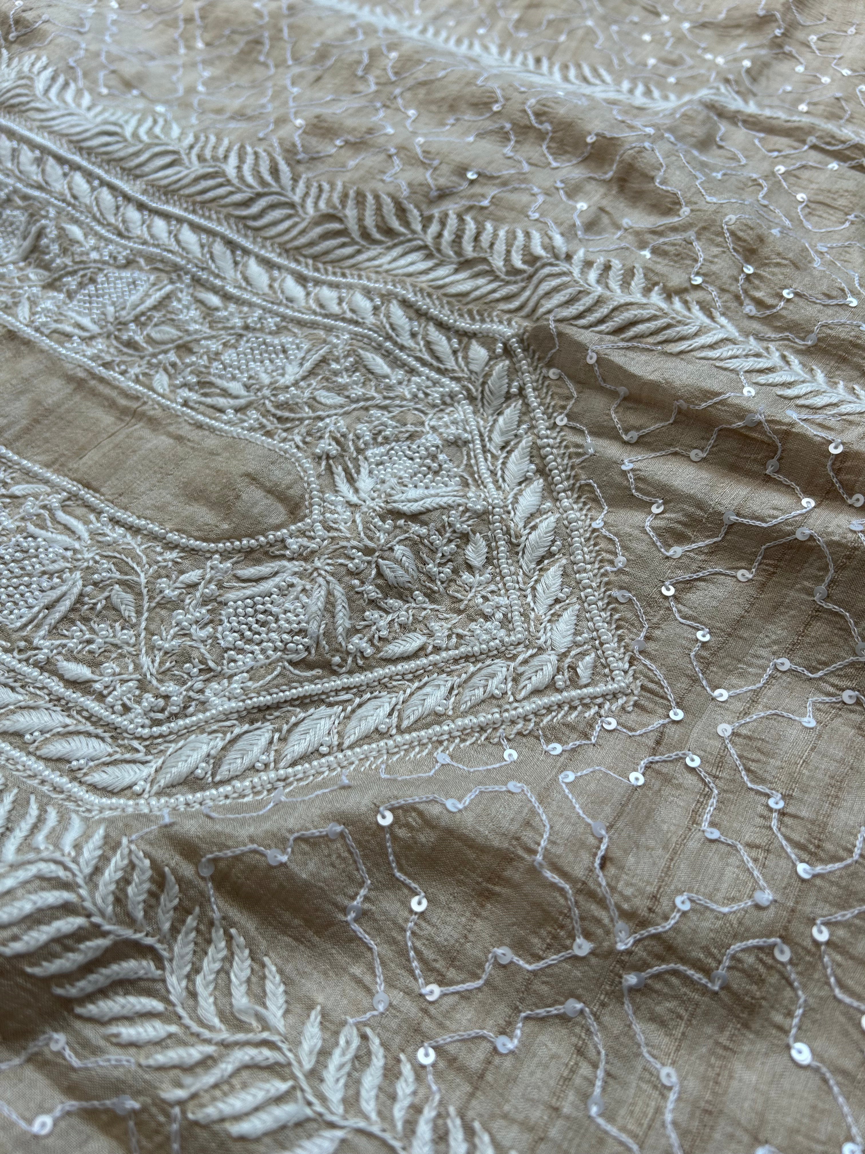 Brown Mens Munga Silk Chikankari Kurta