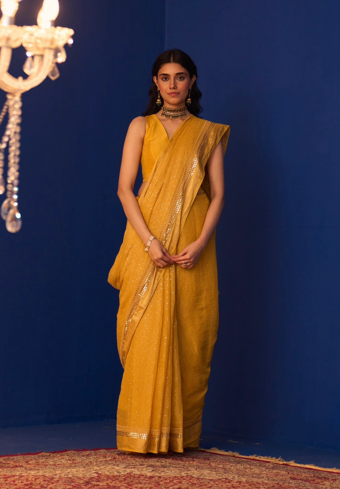 Mustard Yellow Tissue Saree with Chikankari and Mukaish work