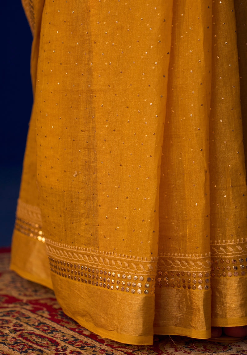 Mustard Yellow Tissue Saree with Chikankari and Mukaish work