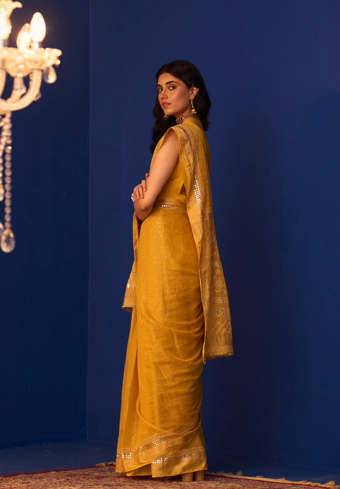 Mustard Yellow Tissue Saree with Chikankari and Mukaish work