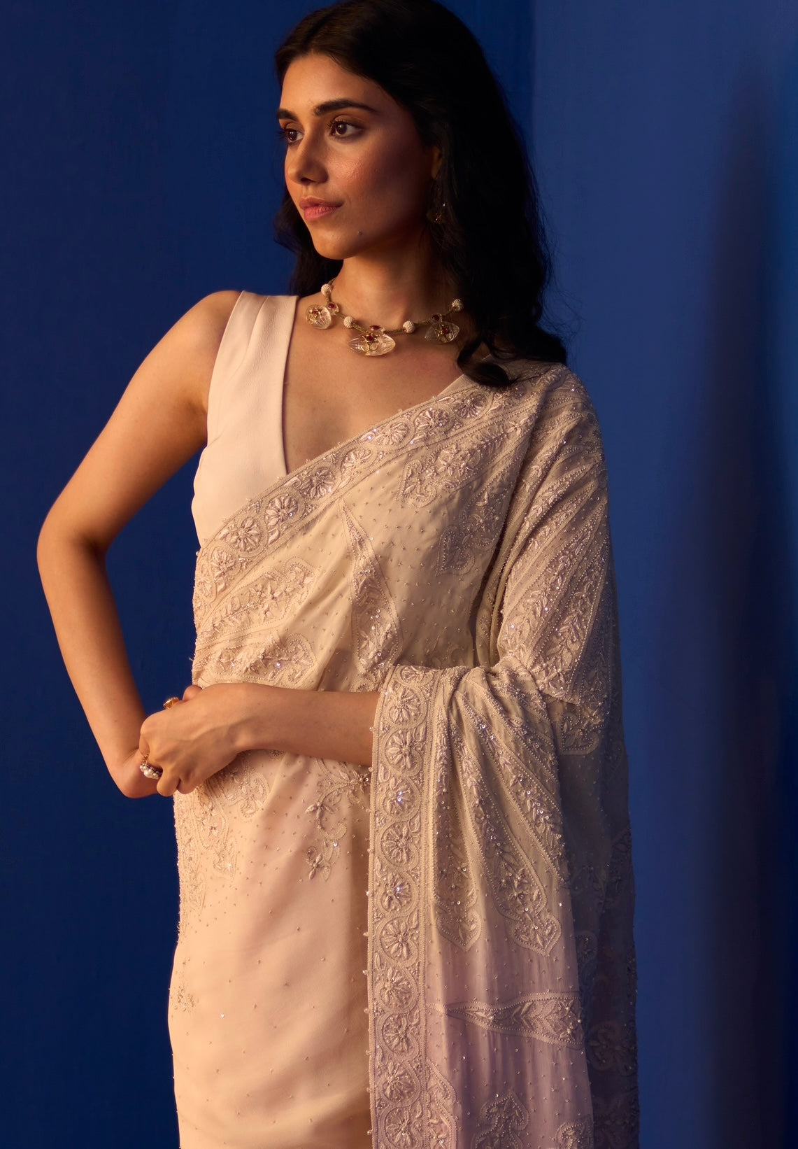 Mauve Shaded Georgette Ek-Taar Chikankari Saree