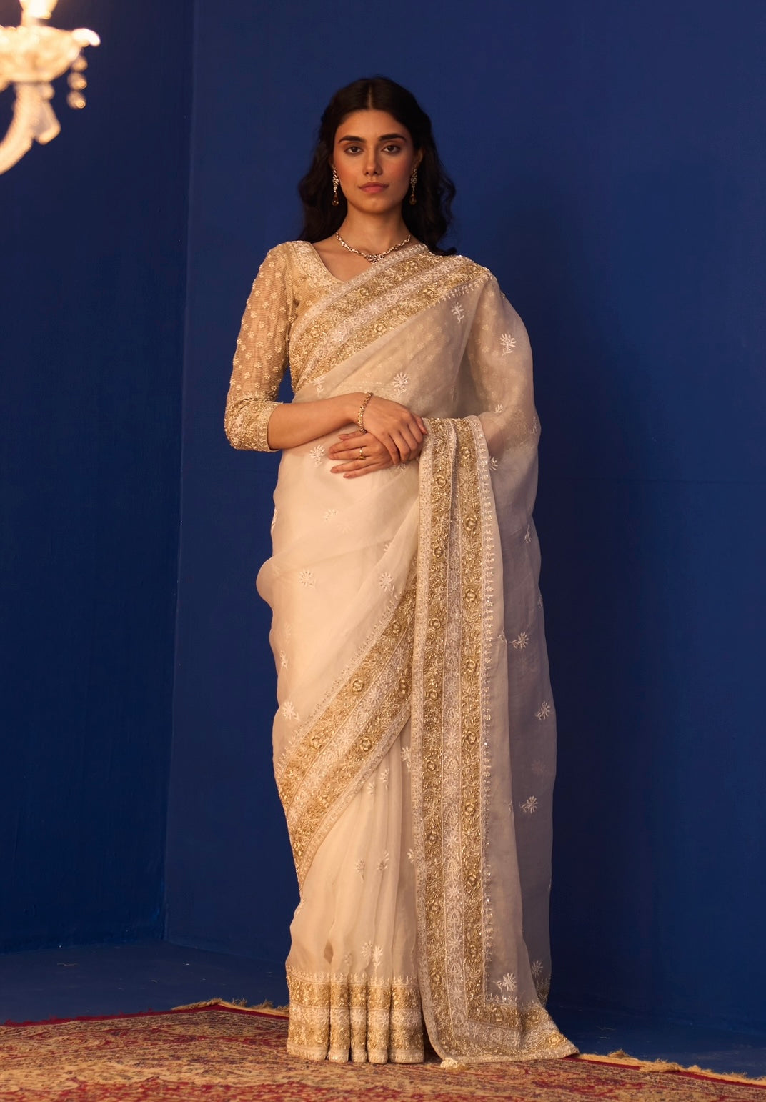 White Organza Saree with Chikankari and Zardozi