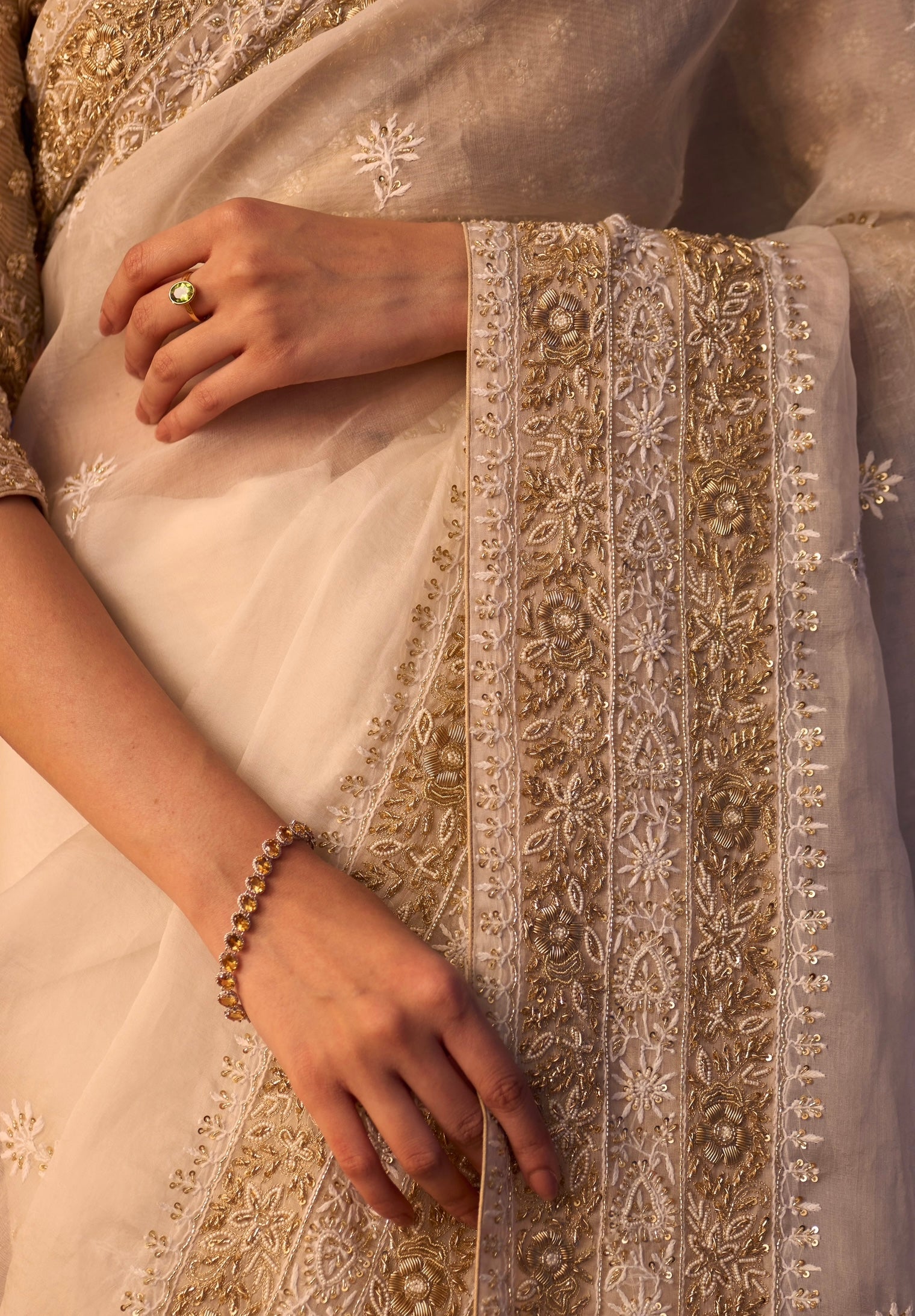 White Organza Saree with Chikankari and Zardozi