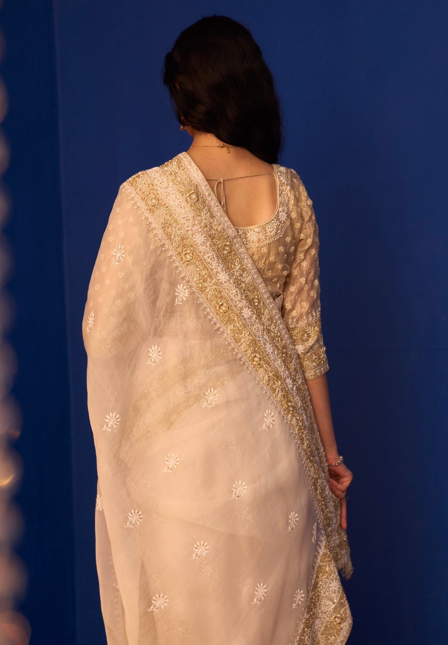 White Organza Saree with Chikankari and Zardozi
