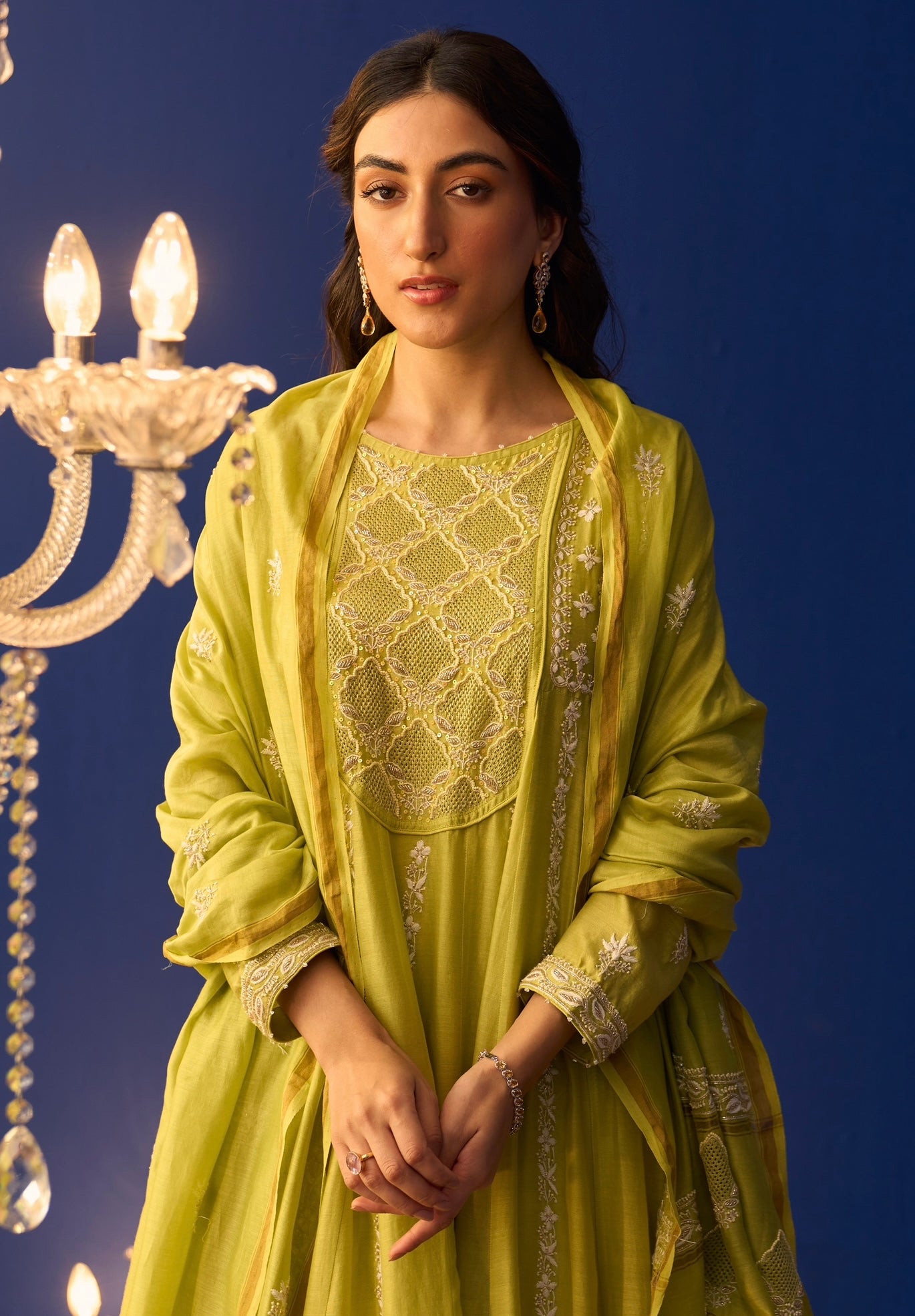 Lime Green Chanderi Chikankari Anarkali Set