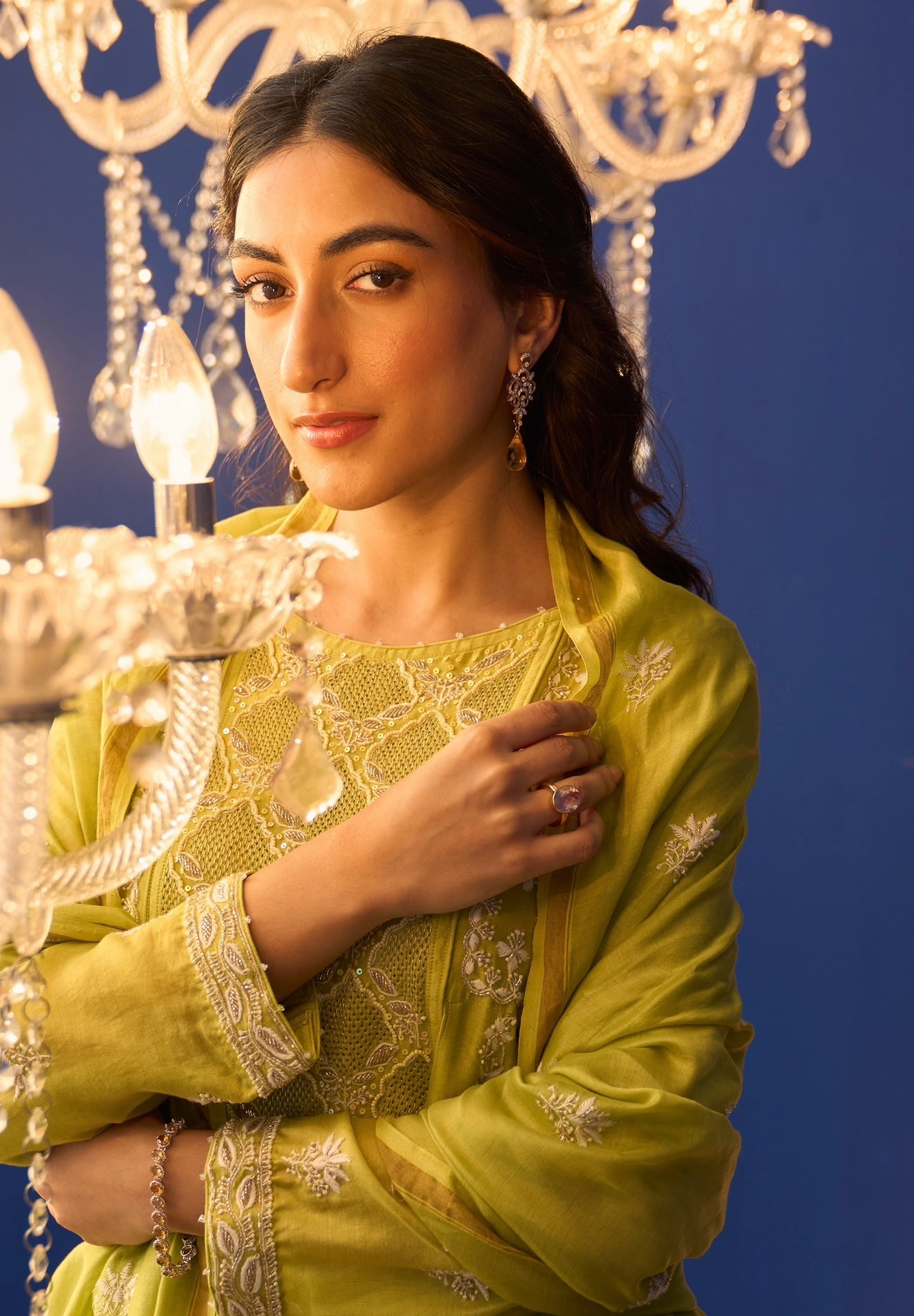 Lime Green Chanderi Chikankari Anarkali Set