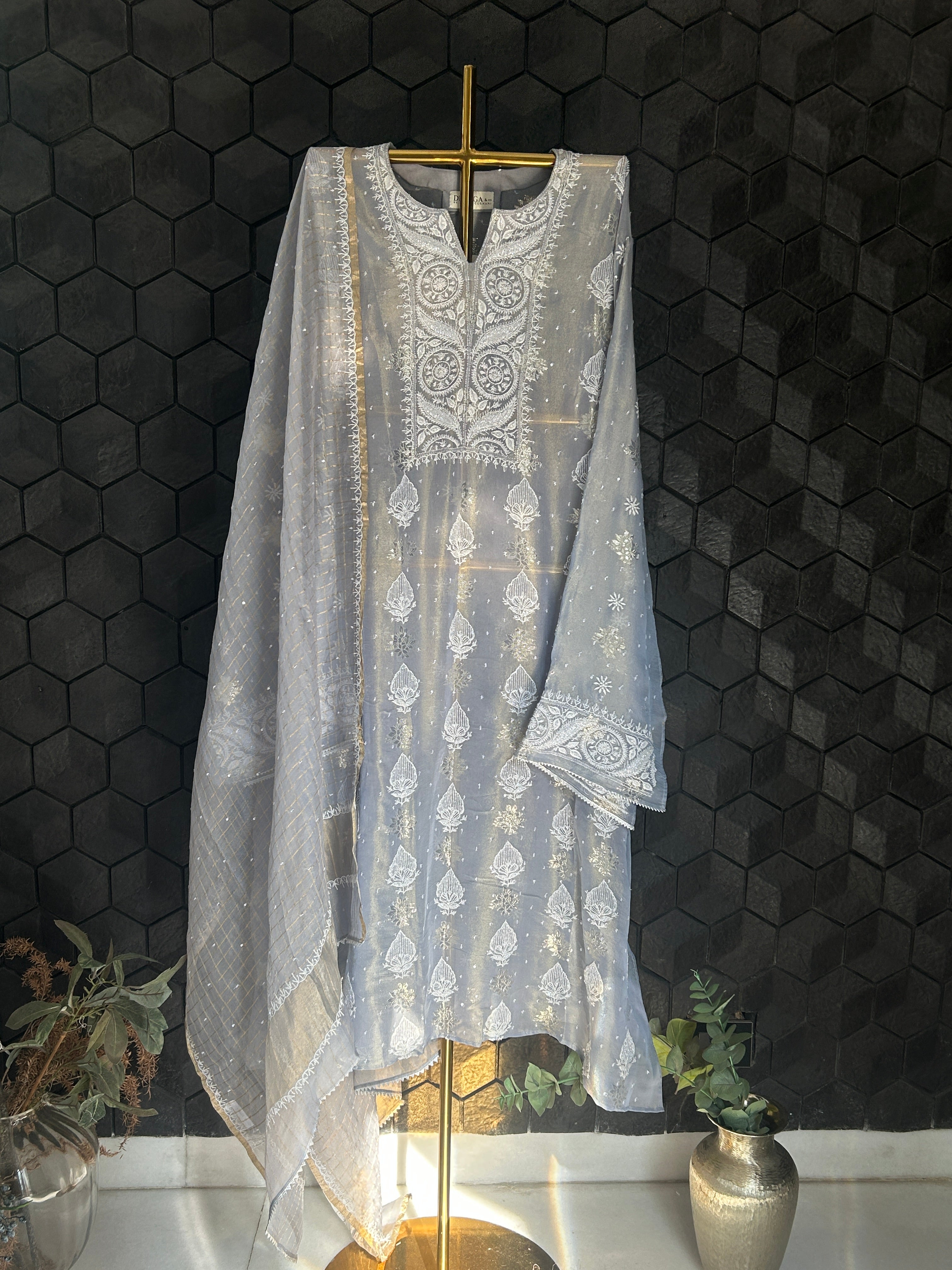 Grey Shimmer Organza Chikankari Kurta Set