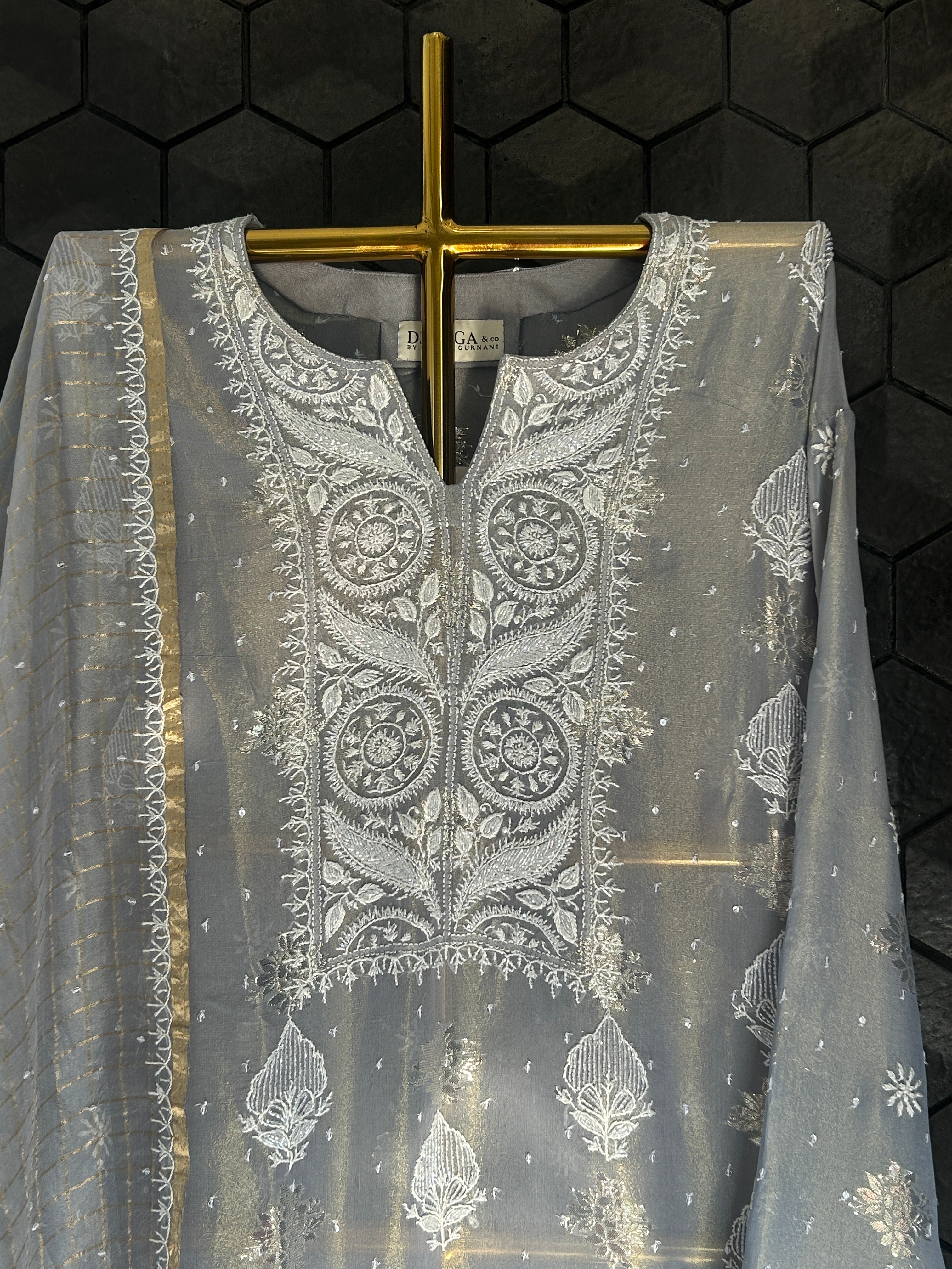 Grey Shimmer Organza Chikankari Kurta Set