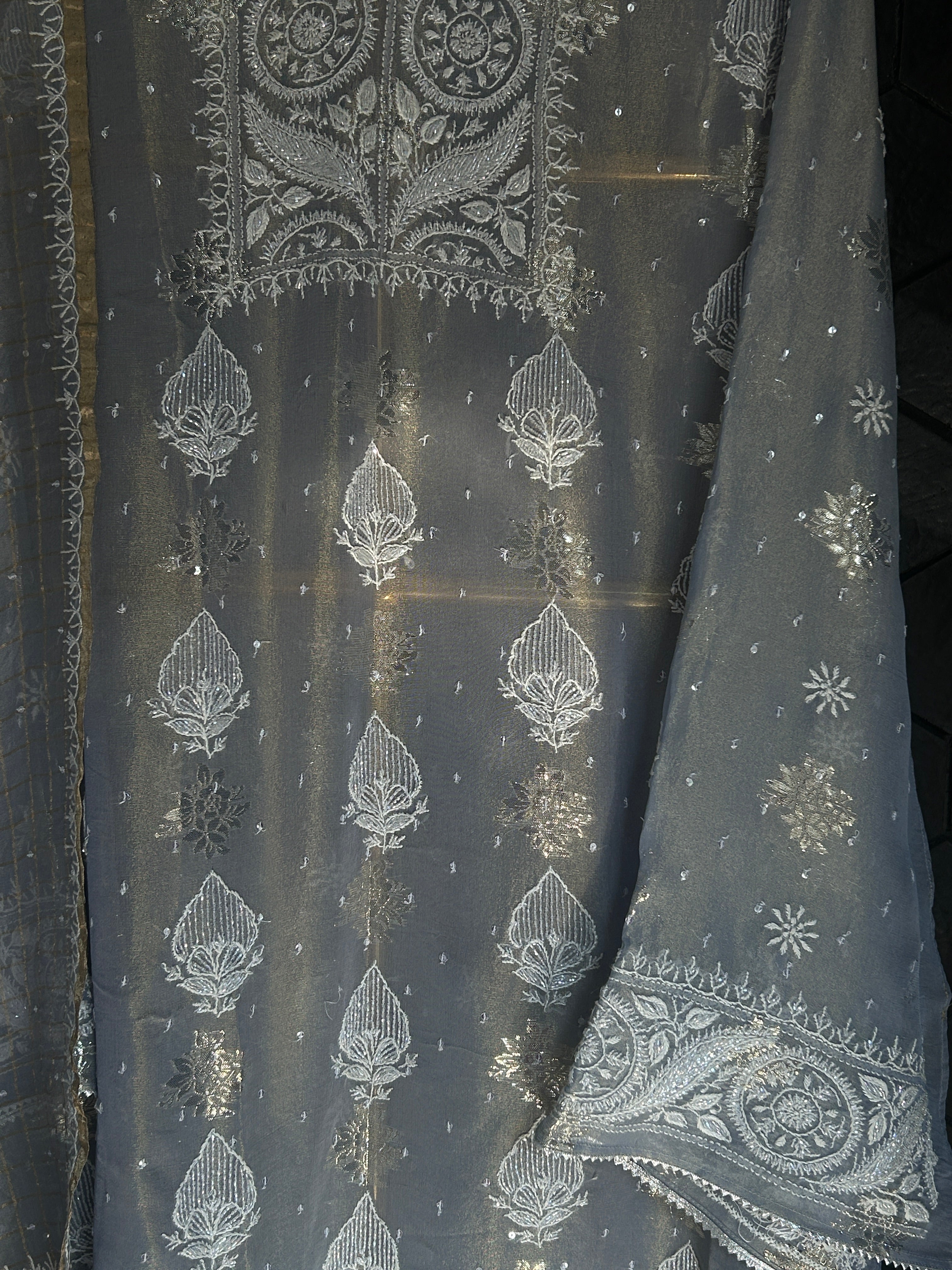 Grey Shimmer Organza Chikankari Kurta Set