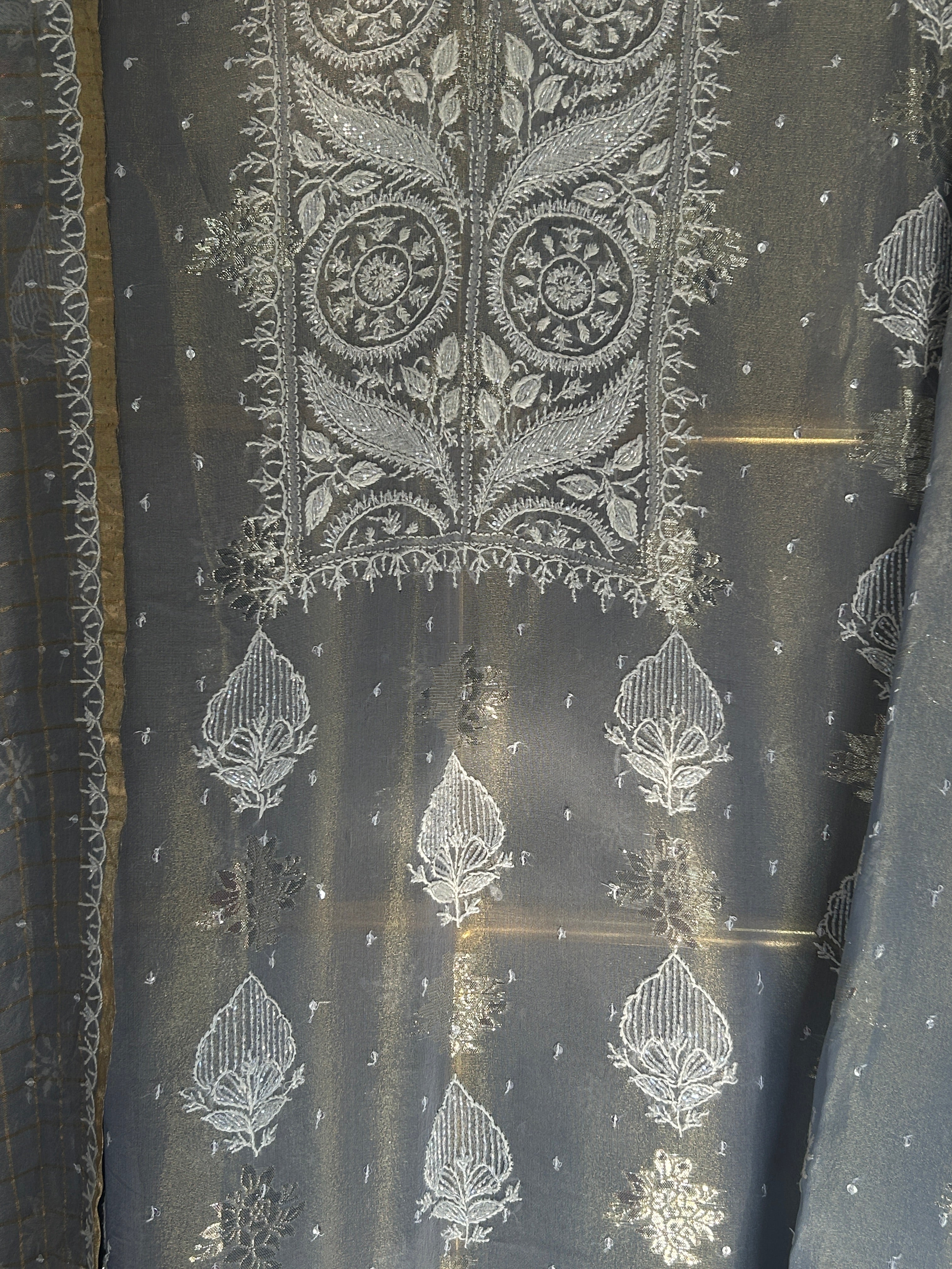 Grey Shimmer Organza Chikankari Kurta Set