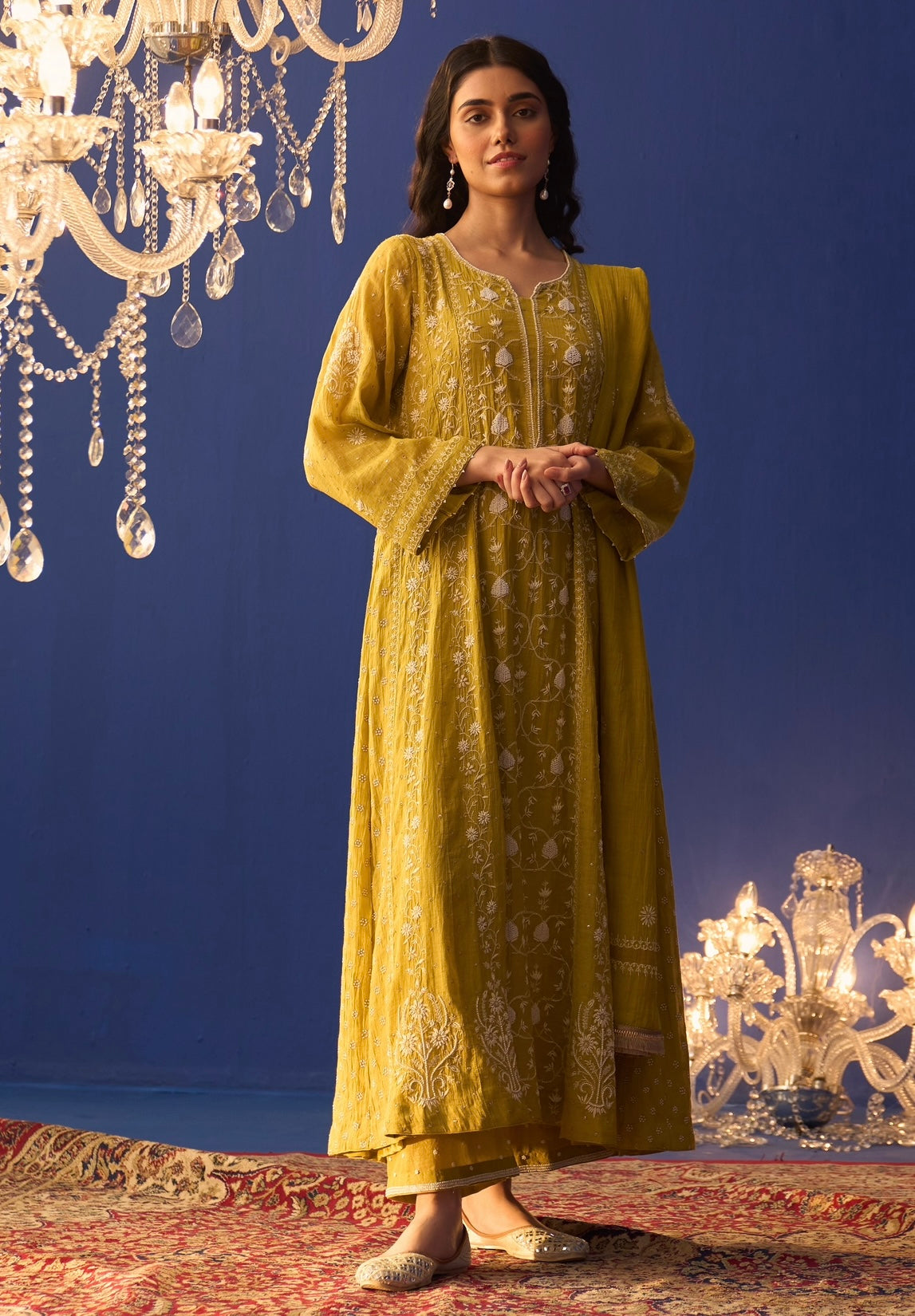 Lime Green Tissue Chikankari A-Line Kurta Set