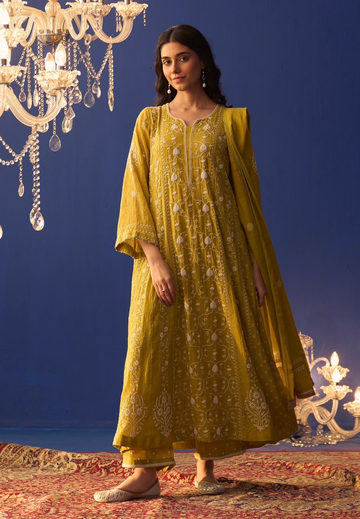Lime Green Tissue Chikankari A-Line Kurta Set
