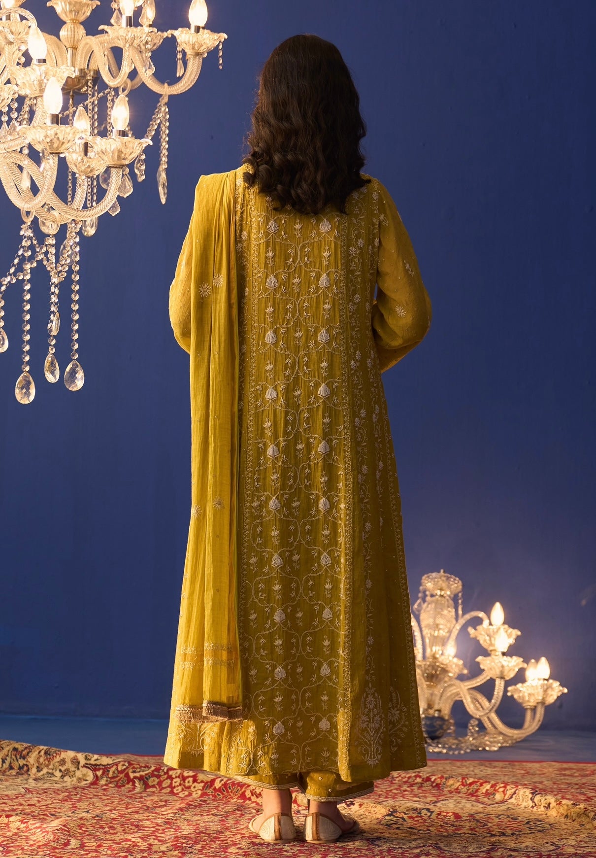Lime Green Tissue Chikankari A-Line Kurta Set