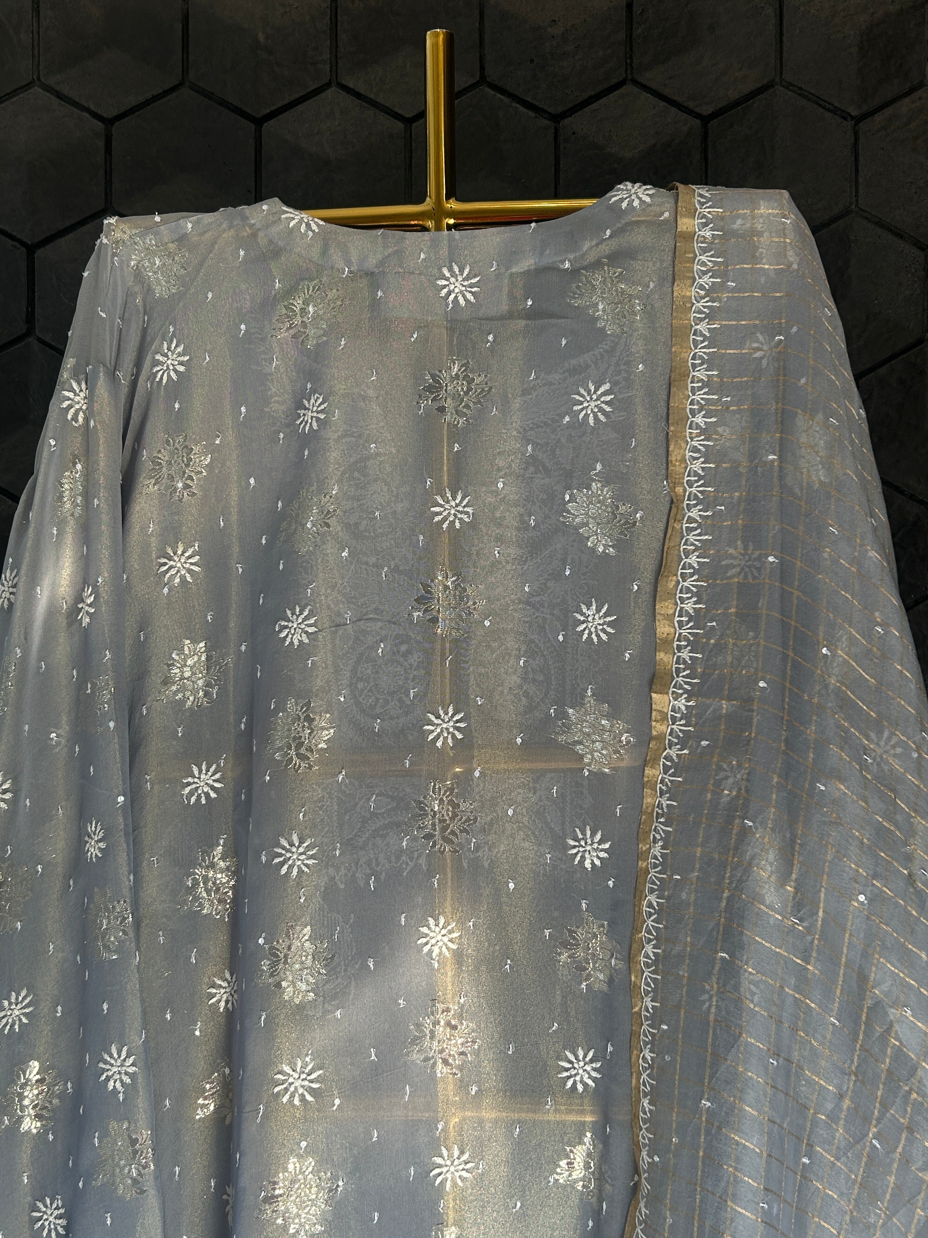 Grey Shimmer Organza Chikankari Kurta Set