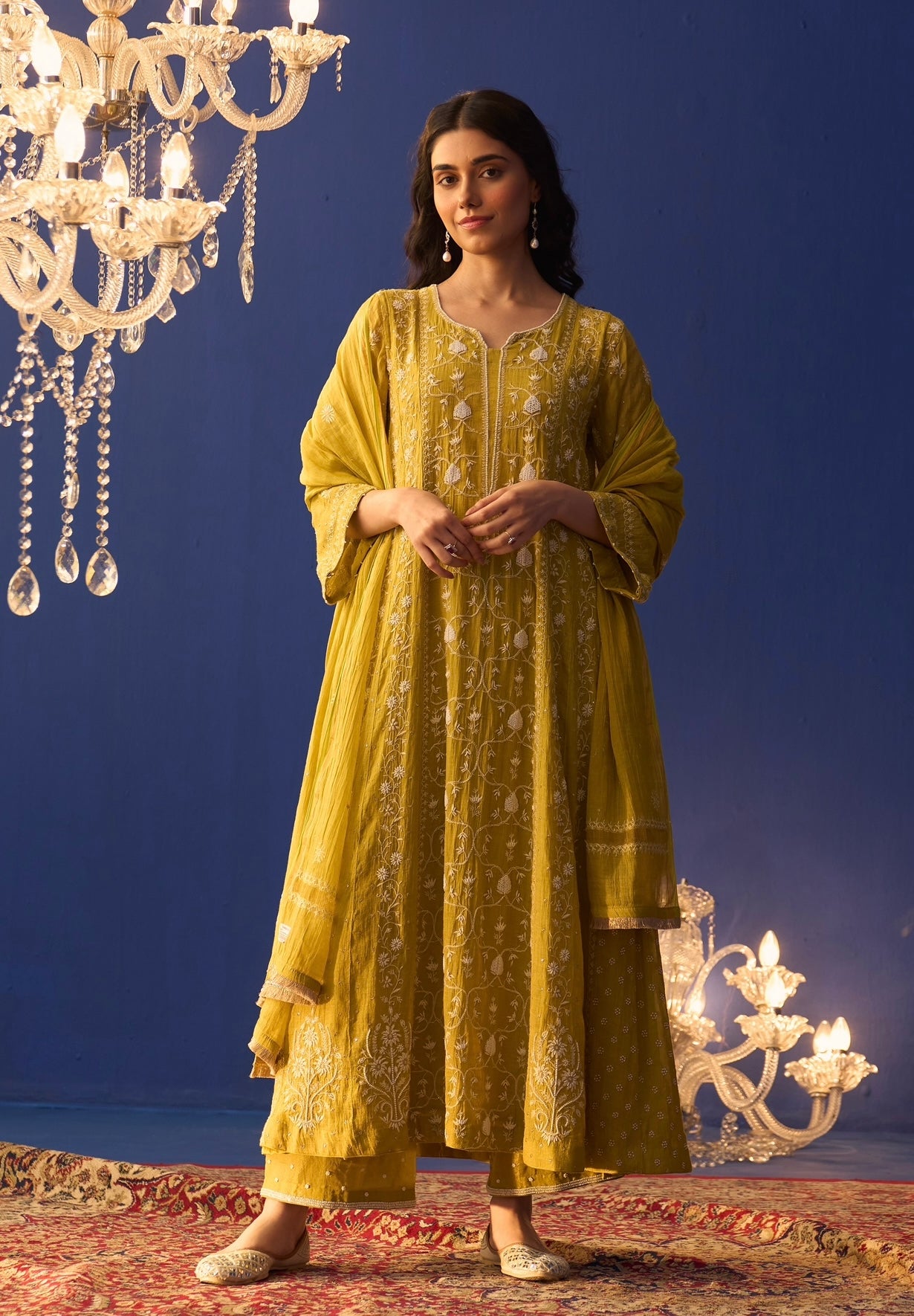 Lime Green Tissue Chikankari A-Line Kurta Set