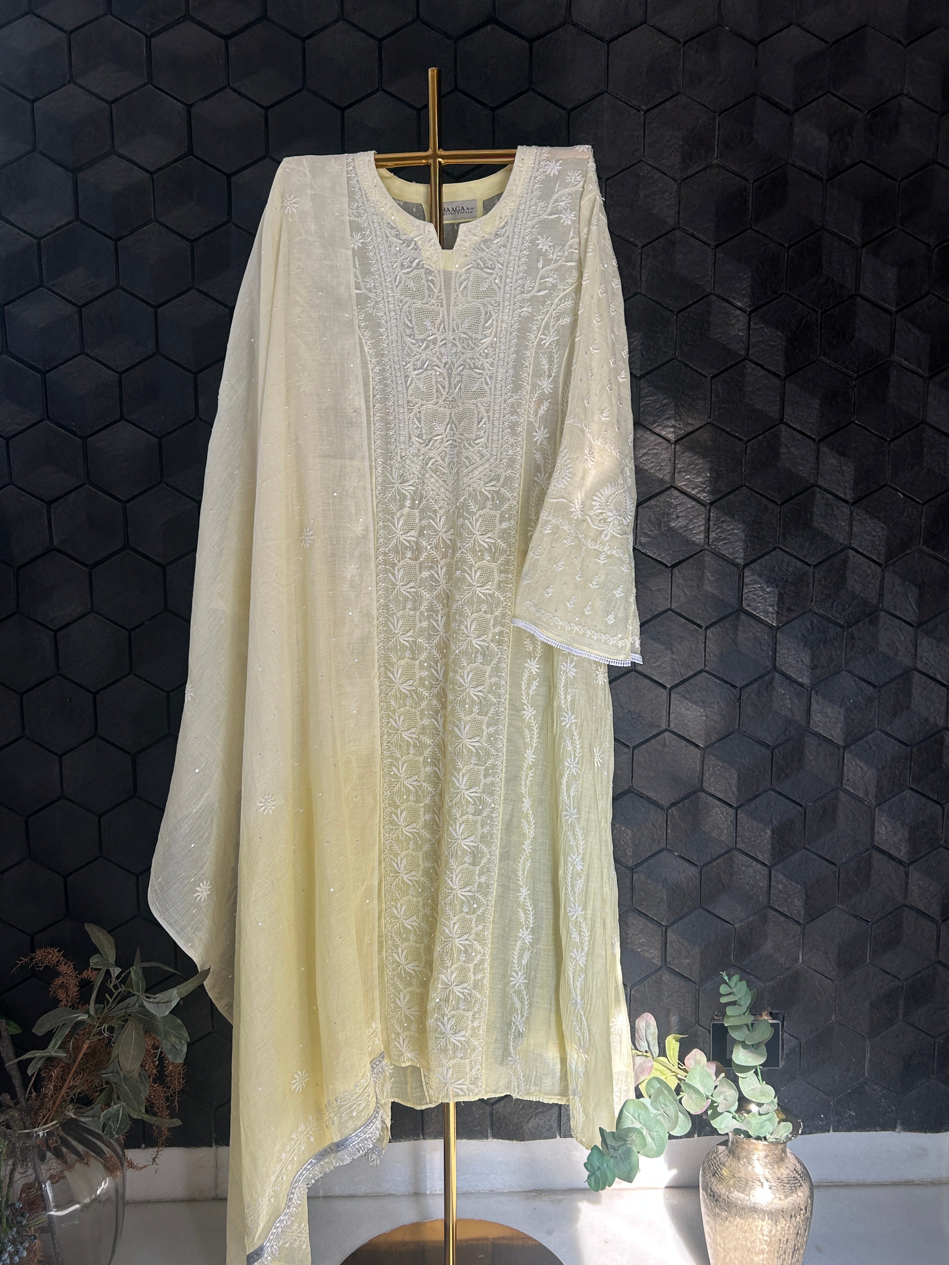 Lemon Ombre Mul Chanderi Chikankari Anarkali Set