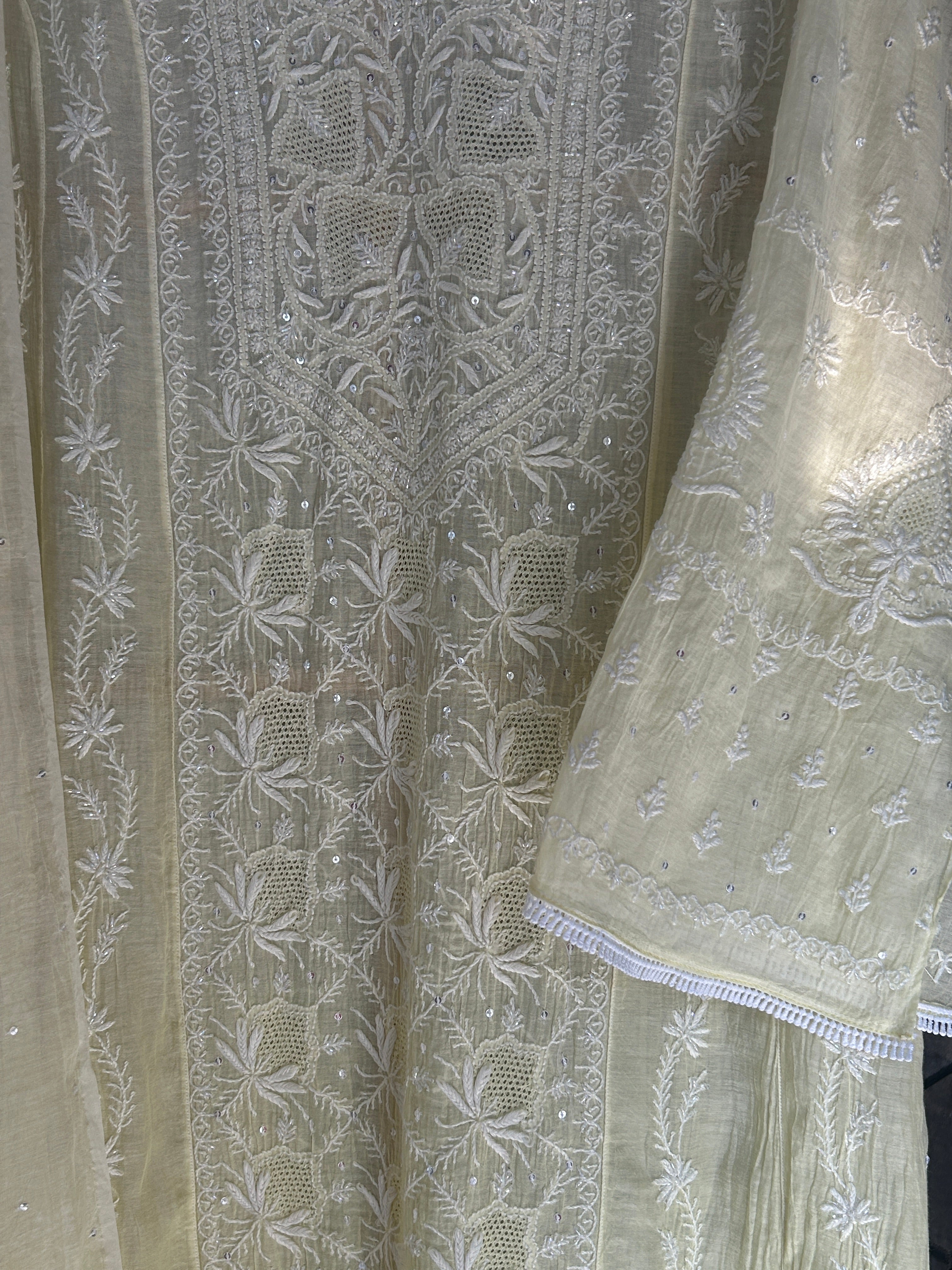 Lemon Ombre Mul Chanderi Chikankari Anarkali Set