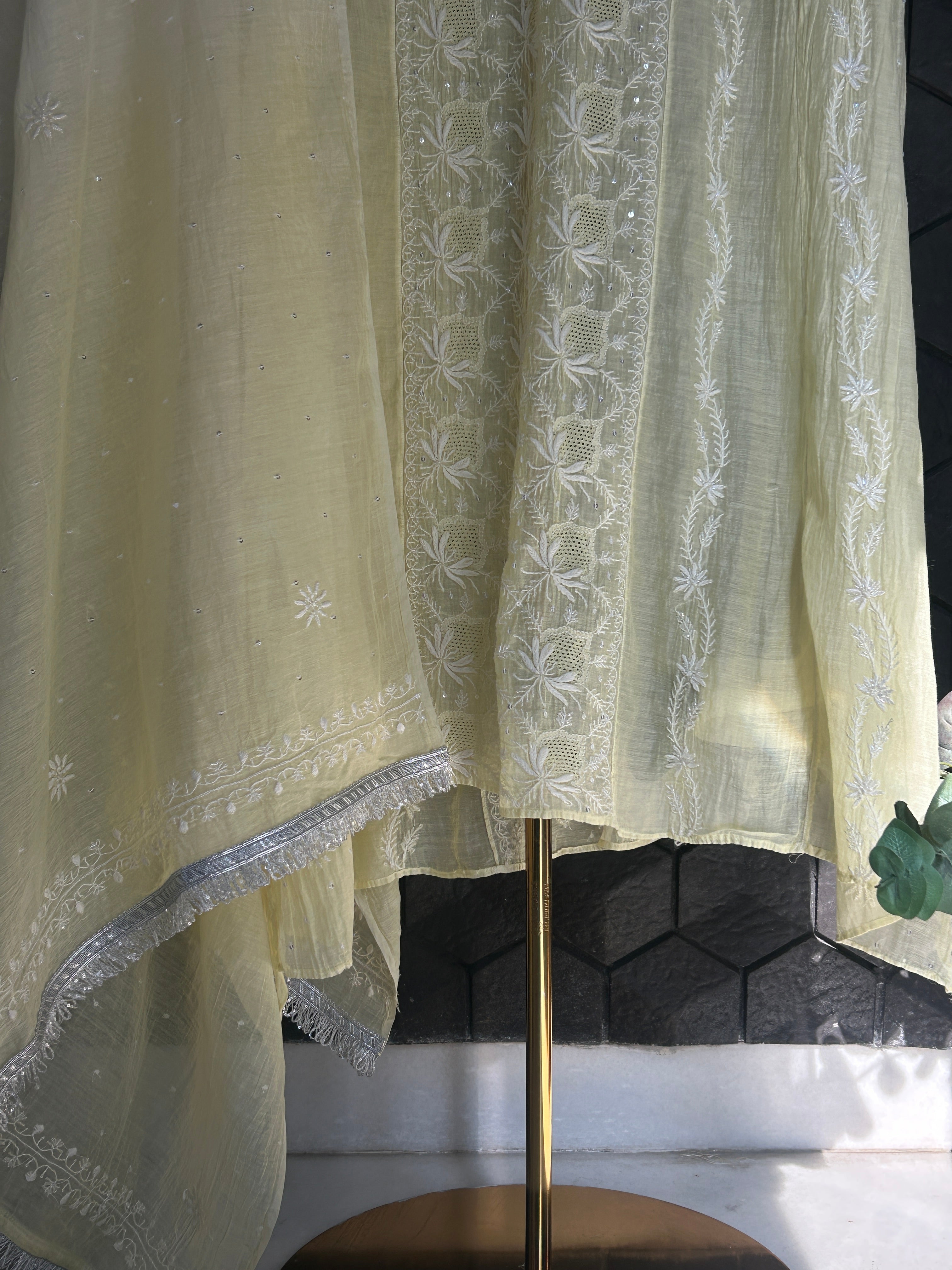 Lemon Ombre Mul Chanderi Chikankari Anarkali Set