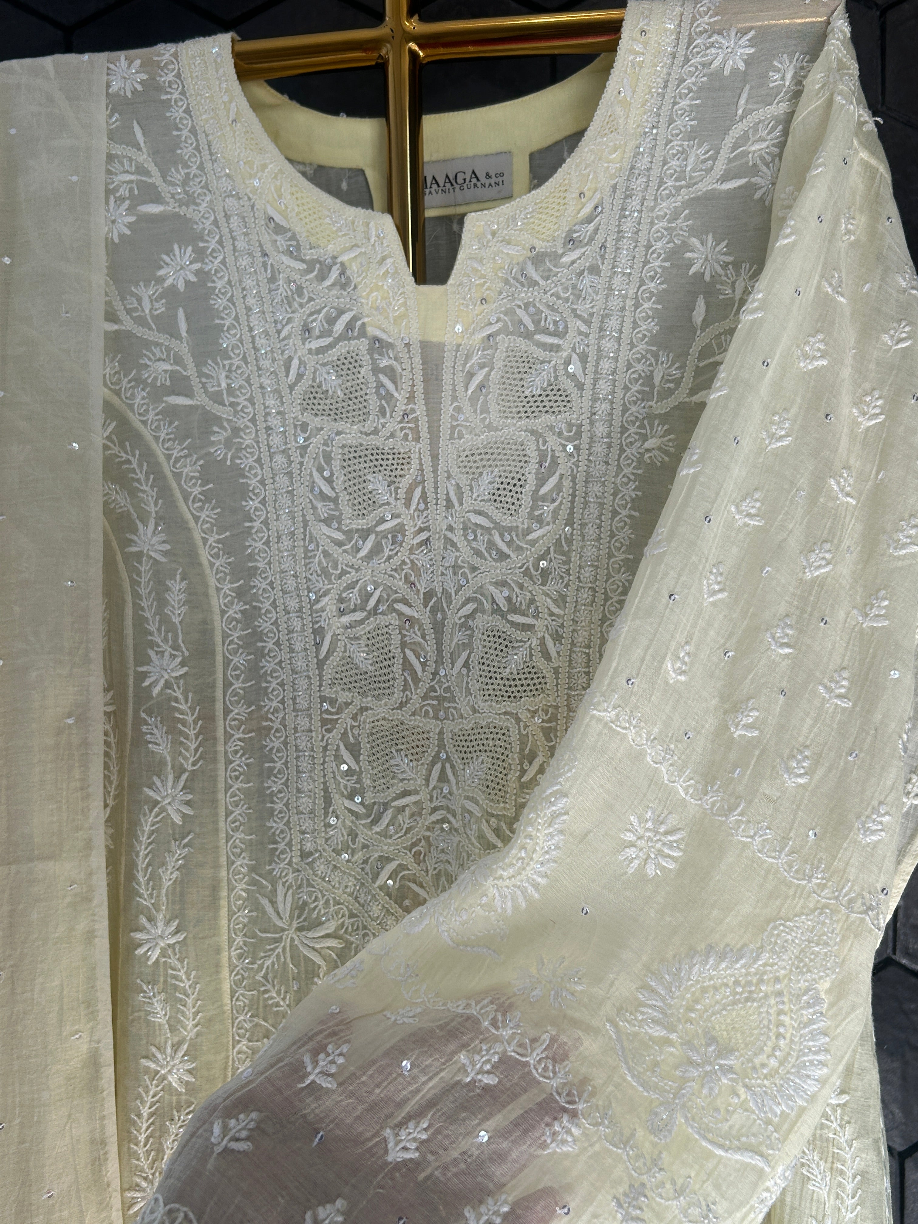 Lemon Ombre Mul Chanderi Chikankari Anarkali Set
