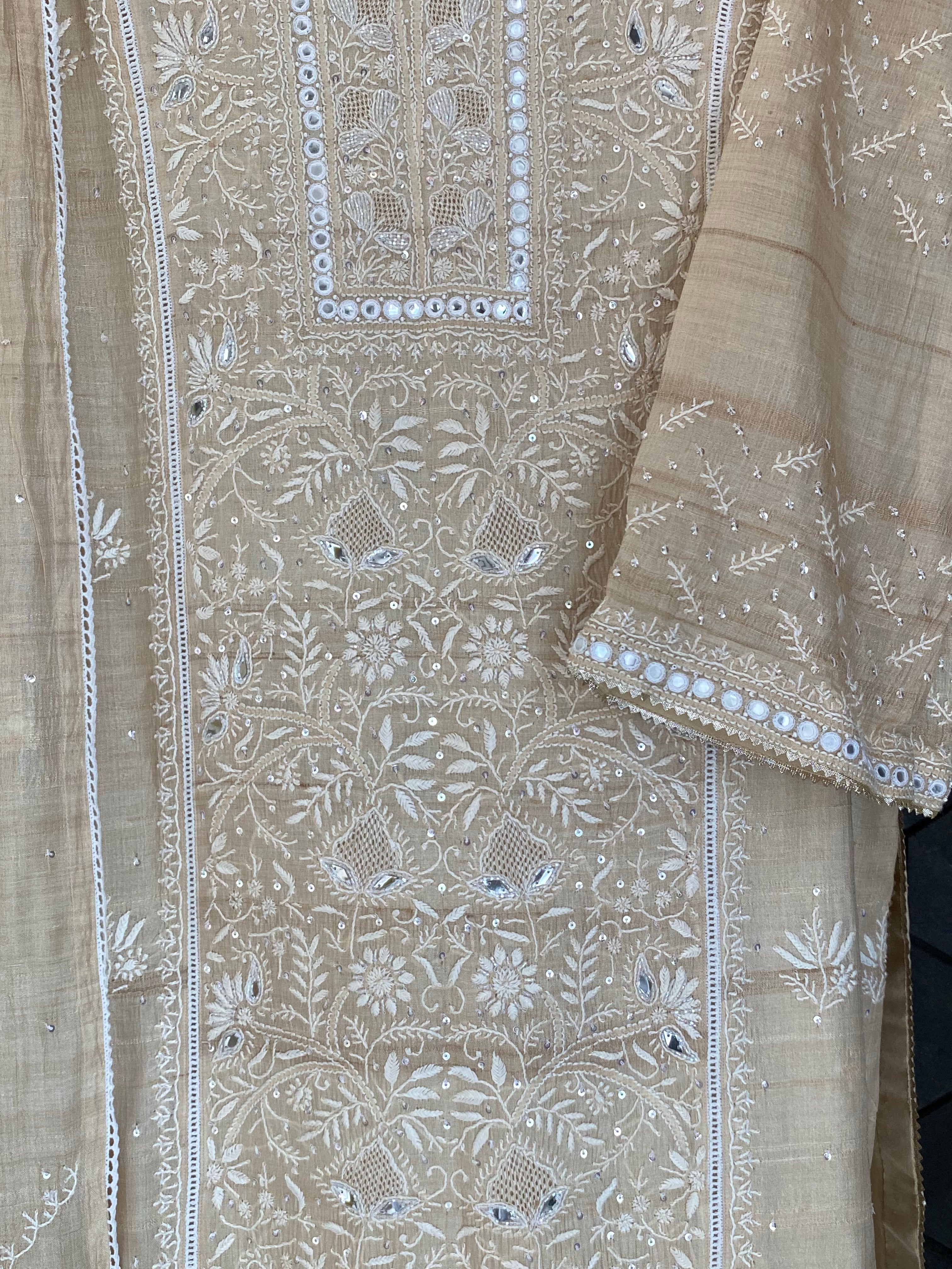 Natural Munga Silk Chikankari Suit Set